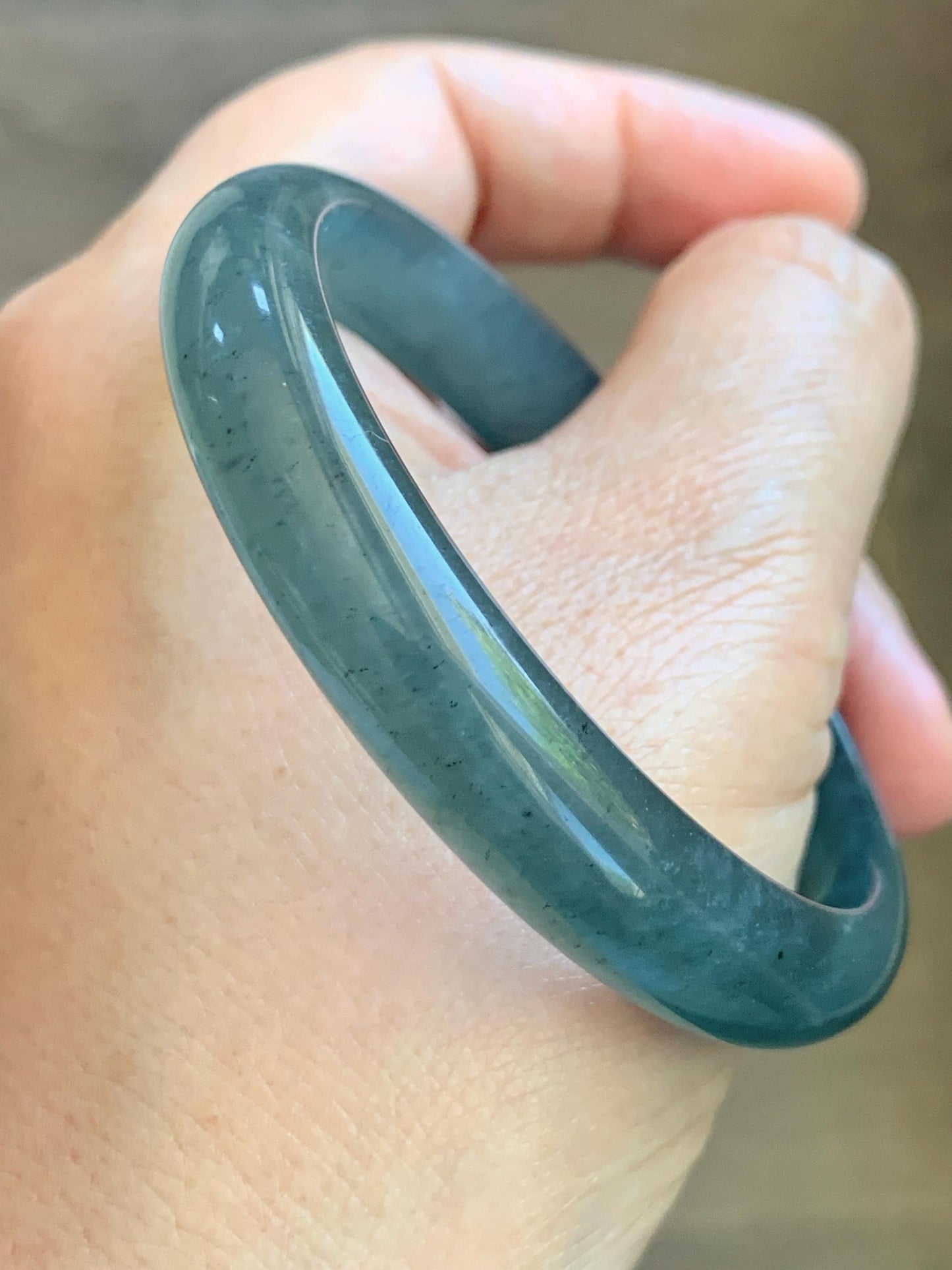 Certified Natural Grade A Guatemalan Icy Translucent Dark Teal Blue Wuji Jade Jadeite Wide Bangle 55.09mm 6.81” 36.9g 天然冰危深蓝绿翡翠正圈宽版手镯 1214