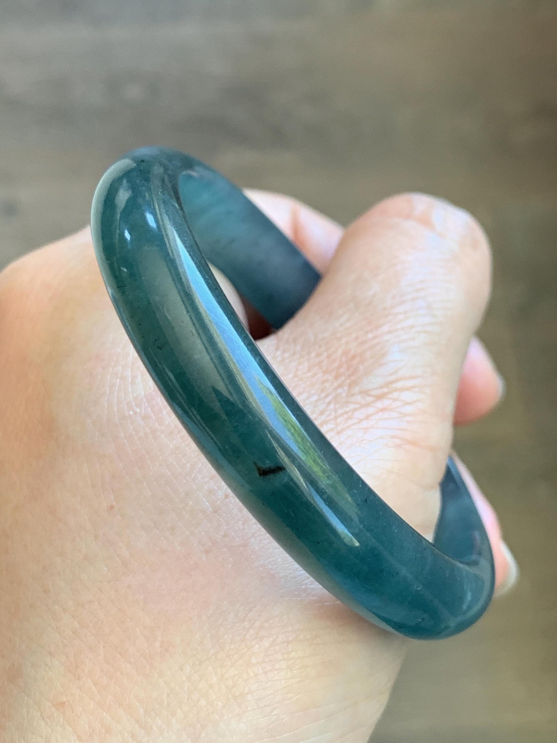 Certified Natural Grade A Guatemalan Icy Translucent Dark Teal Blue Wuji Jade Jadeite Wide Bangle 55.09mm 6.81” 36.9g 天然冰危深蓝绿翡翠正圈宽版手镯 1214
