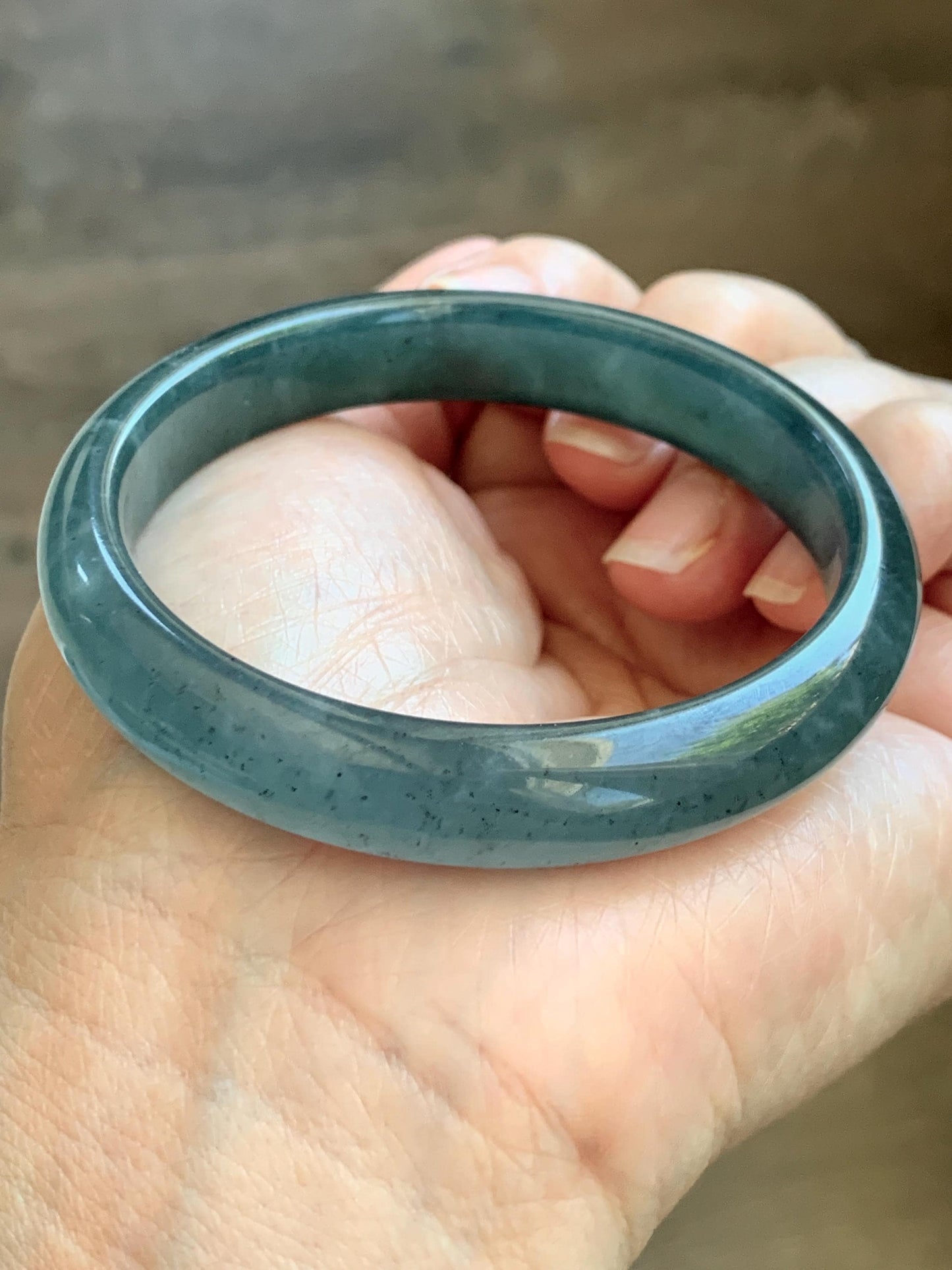 Certified Natural Grade A Guatemalan Icy Translucent Dark Teal Blue Wuji Jade Jadeite Wide Bangle 55.09mm 6.81” 36.9g 天然冰危深蓝绿翡翠正圈宽版手镯 1214