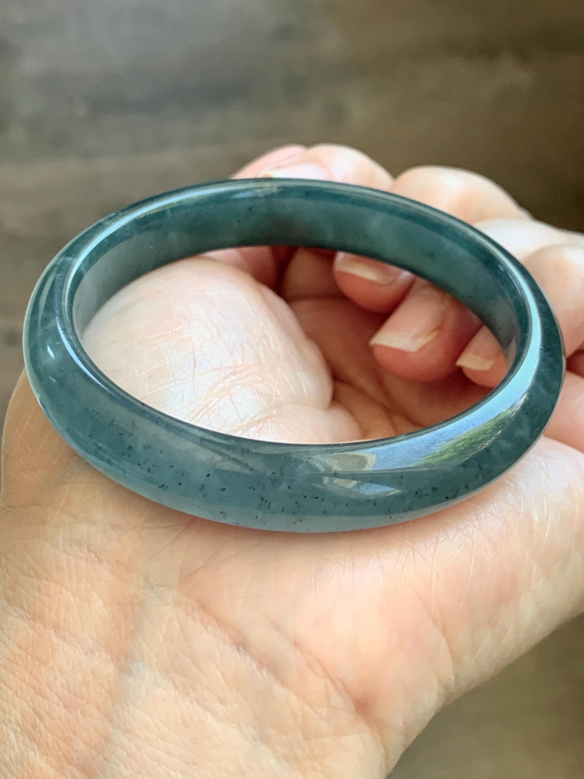 Certified Natural Grade A Guatemalan Icy Translucent Dark Teal Blue Wuji Jade Jadeite Wide Bangle 55.09mm 6.81” 36.9g 天然冰危深蓝绿翡翠正圈宽版手镯 1214