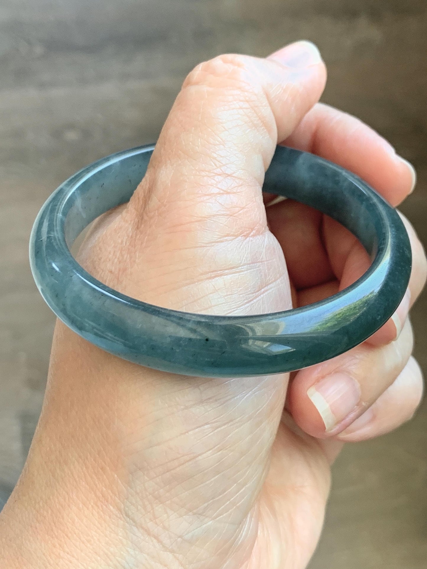 Certified Natural Grade A Guatemalan Icy Translucent Dark Teal Blue Wuji Jade Jadeite Wide Bangle 55.09mm 6.81” 36.9g 天然冰危深蓝绿翡翠正圈宽版手镯 1214