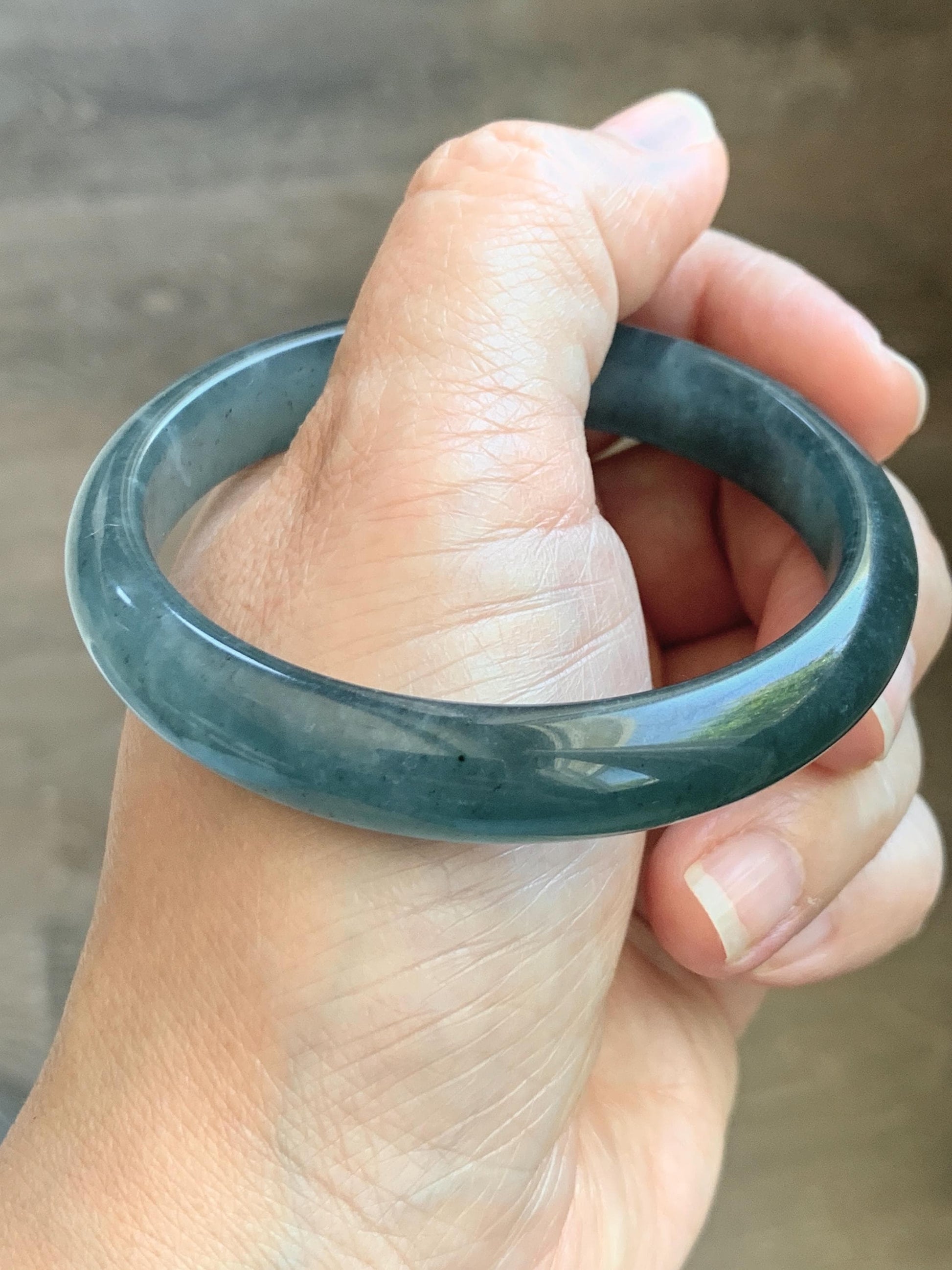 Certified Natural Grade A Guatemalan Icy Translucent Dark Teal Blue Wuji Jade Jadeite Wide Bangle 55.09mm 6.81” 36.9g 天然冰危深蓝绿翡翠正圈宽版手镯 1214