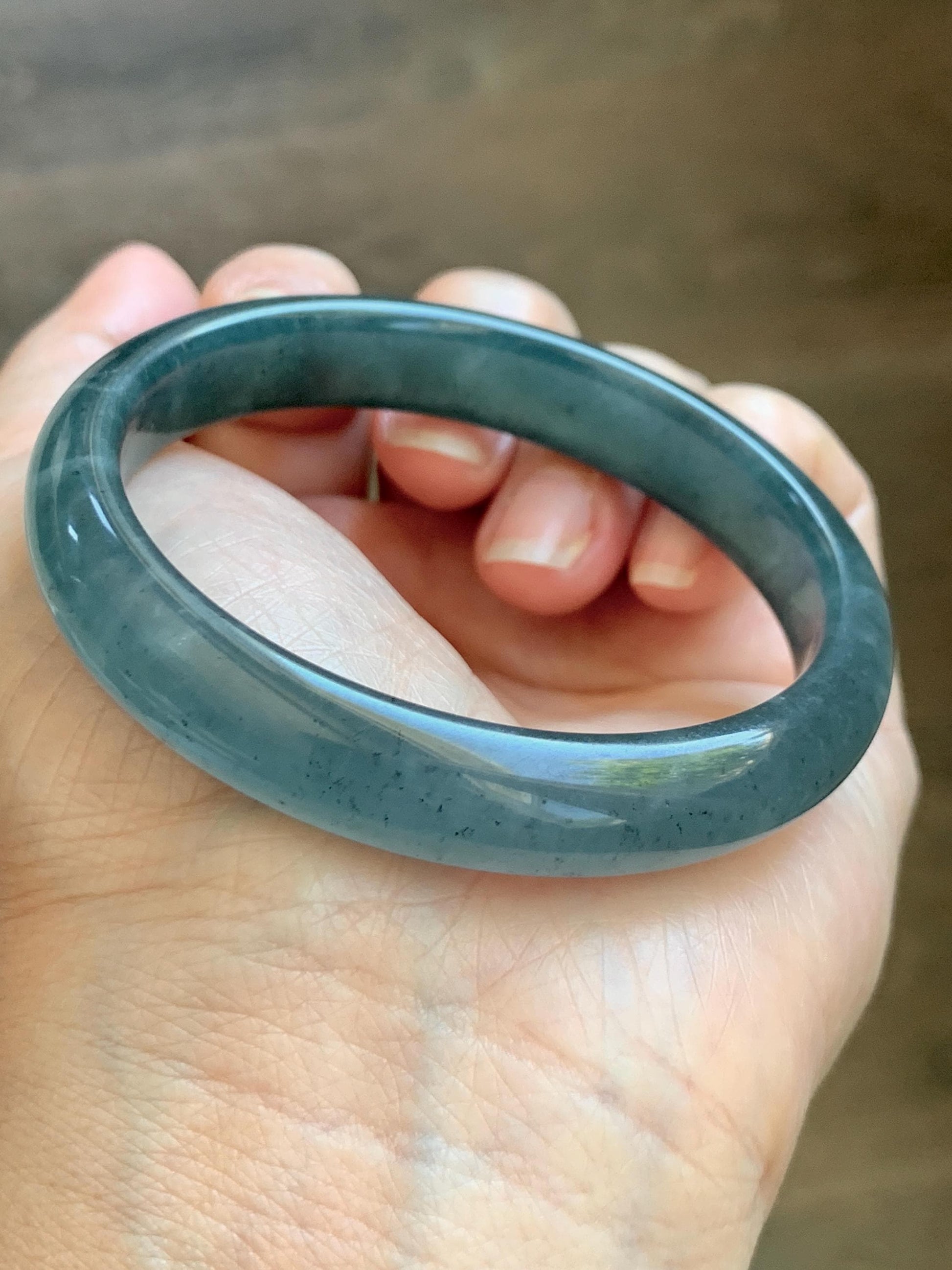 Certified Natural Grade A Guatemalan Icy Translucent Dark Teal Blue Wuji Jade Jadeite Wide Bangle 55.09mm 6.81” 36.9g 天然冰危深蓝绿翡翠正圈宽版手镯 1214