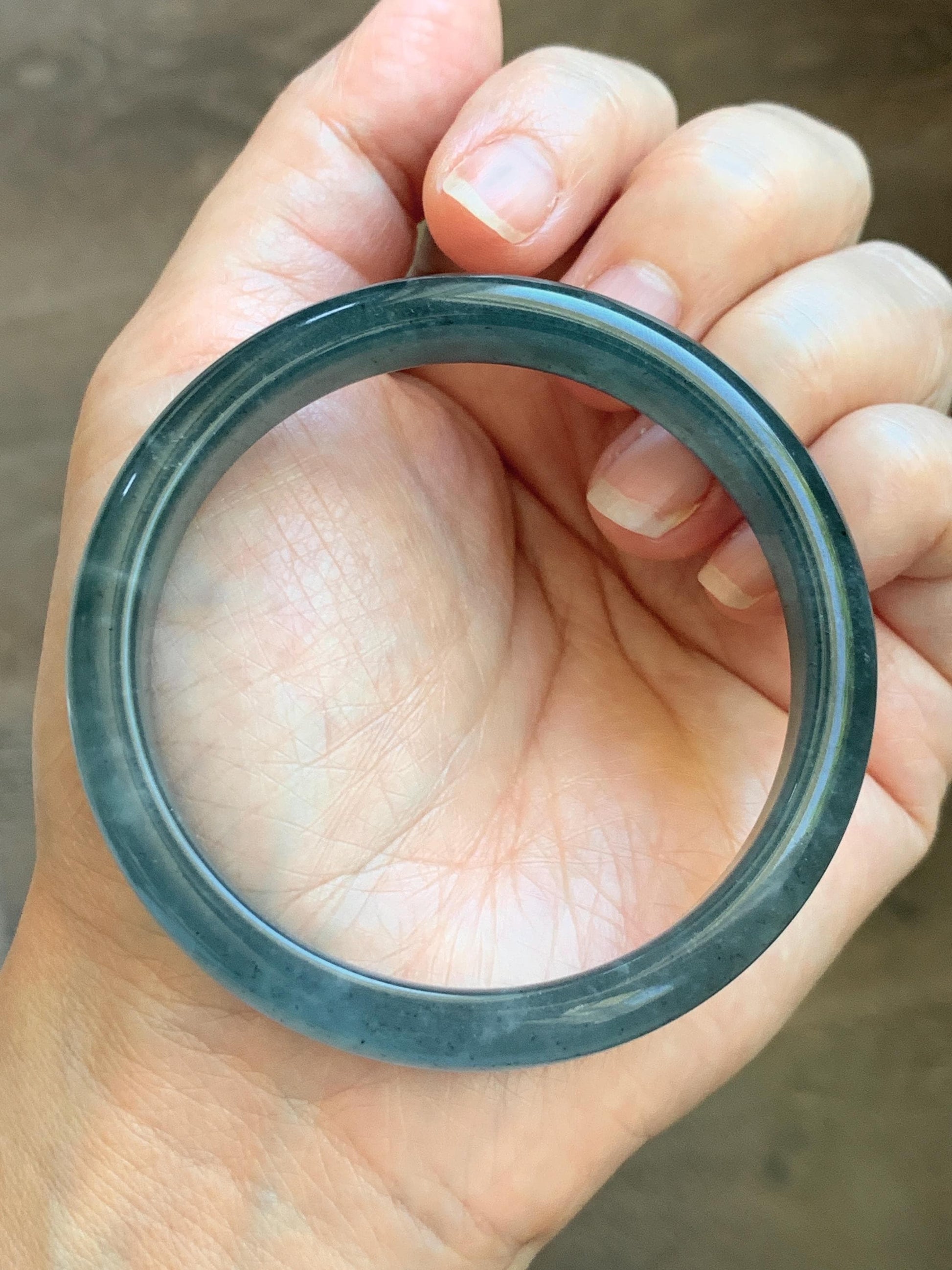 Certified Natural Grade A Guatemalan Icy Translucent Dark Teal Blue Wuji Jade Jadeite Wide Bangle 55.09mm 6.81” 36.9g 天然冰危深蓝绿翡翠正圈宽版手镯 1214