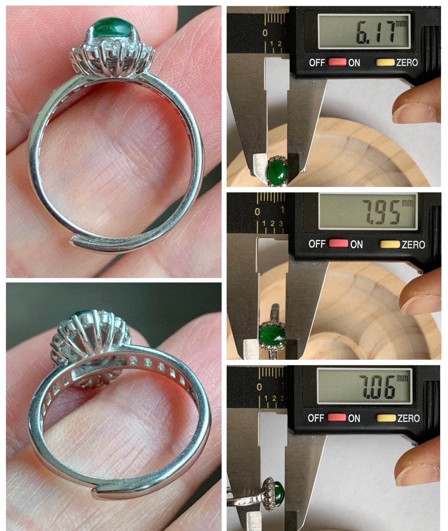 Natural Grade A Guatemalan Icy Translucent Vibrant Green Jade Jadeite Halo Ring Sterling Silver Size Adjustable 天然冰危绿翡翠戒指 WLH85