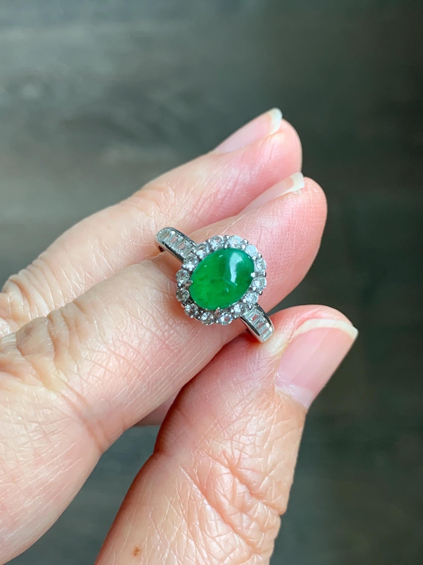 Natural Grade A Guatemalan Icy Translucent Vibrant Green Jade Jadeite Halo Ring Sterling Silver Size Adjustable 天然冰危绿翡翠戒指 WLH85