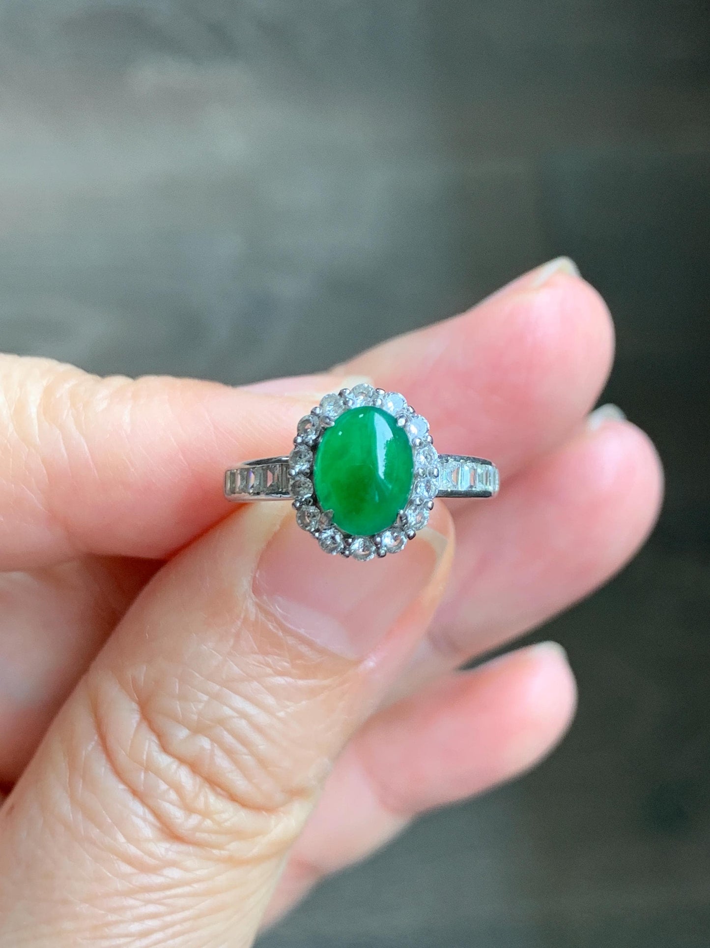 Natural Grade A Guatemalan Icy Translucent Vibrant Green Jade Jadeite Halo Ring Sterling Silver Size Adjustable 天然冰危绿翡翠戒指 WLH85