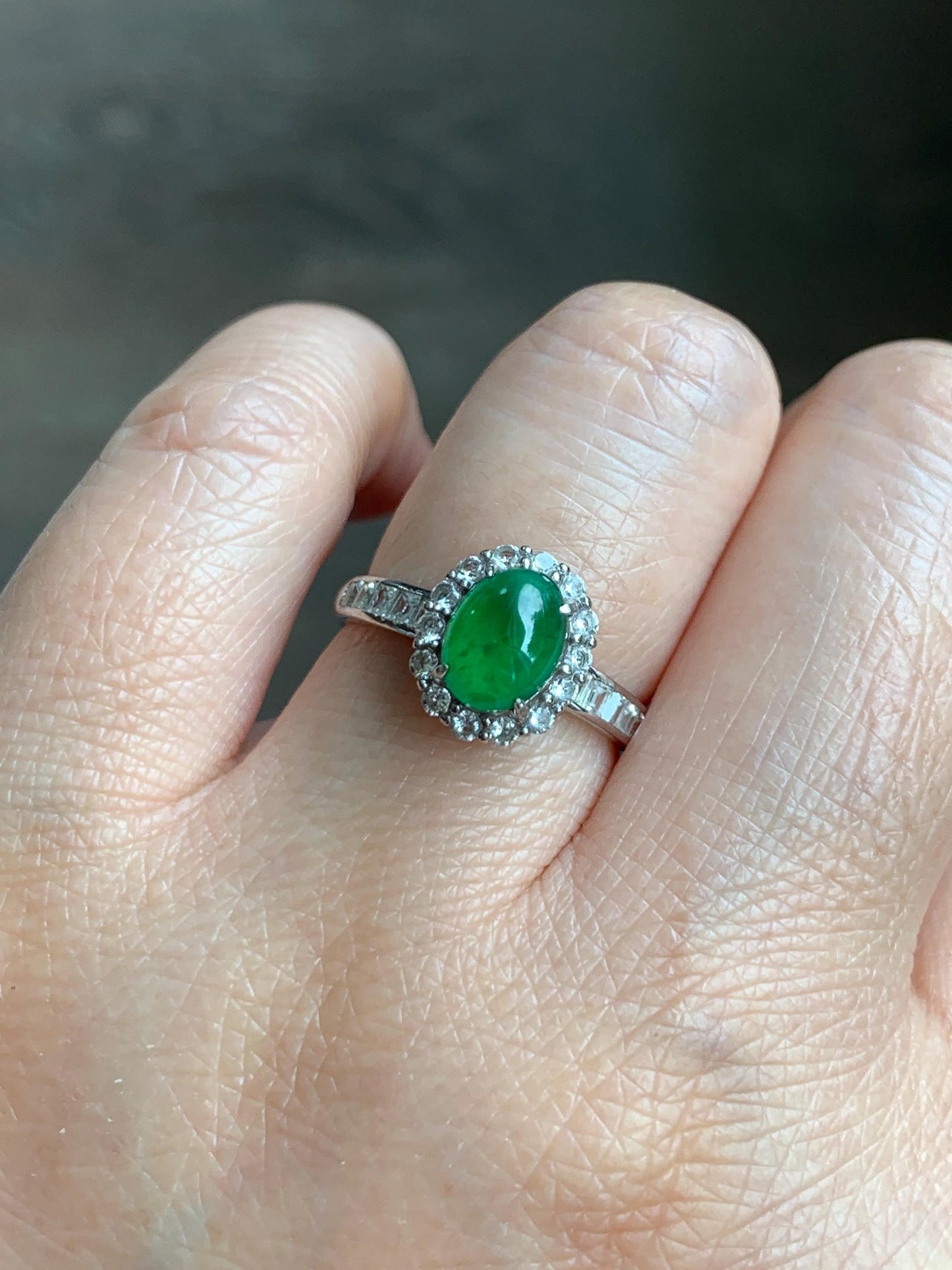 Natural Grade A Guatemalan Icy Translucent Vibrant Green Jade Jadeite Halo Ring Sterling Silver Size Adjustable 天然冰危绿翡翠戒指 WLH85
