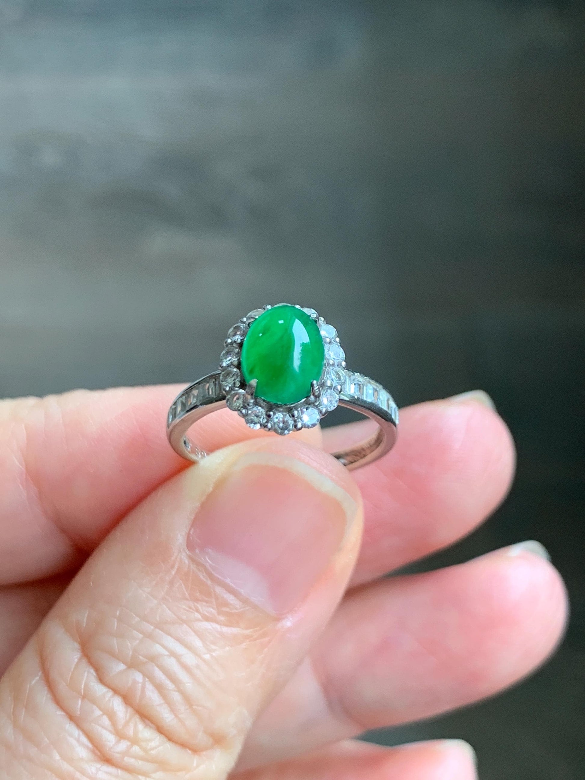 Natural Grade A Guatemalan Icy Translucent Vibrant Green Jade Jadeite Halo Ring Sterling Silver Size Adjustable 天然冰危绿翡翠戒指 WLH85