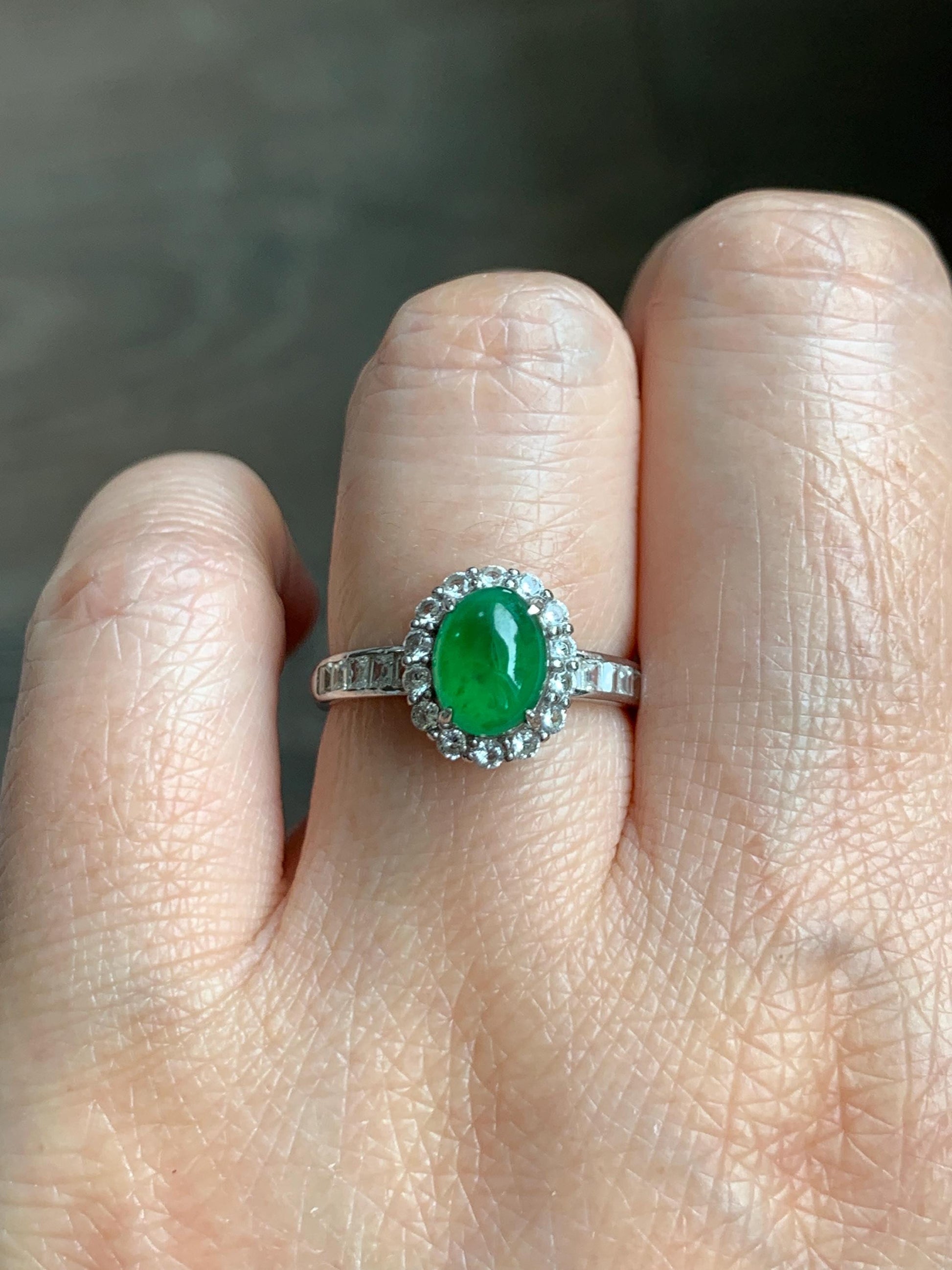 Natural Grade A Guatemalan Icy Translucent Vibrant Green Jade Jadeite Halo Ring Sterling Silver Size Adjustable 天然冰危绿翡翠戒指 WLH85