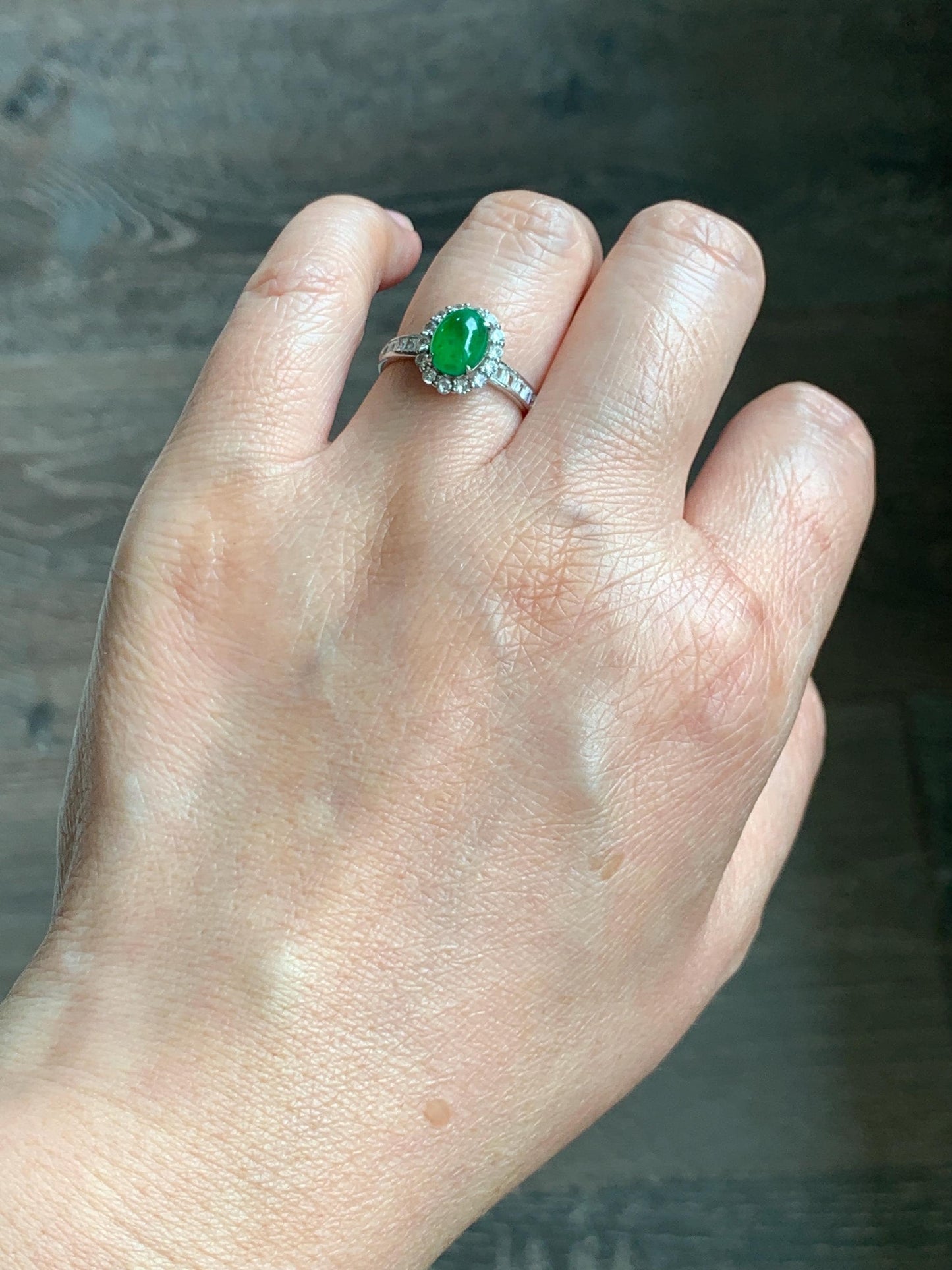 Natural Grade A Guatemalan Icy Translucent Vibrant Green Jade Jadeite Halo Ring Sterling Silver Size Adjustable 天然冰危绿翡翠戒指 WLH85