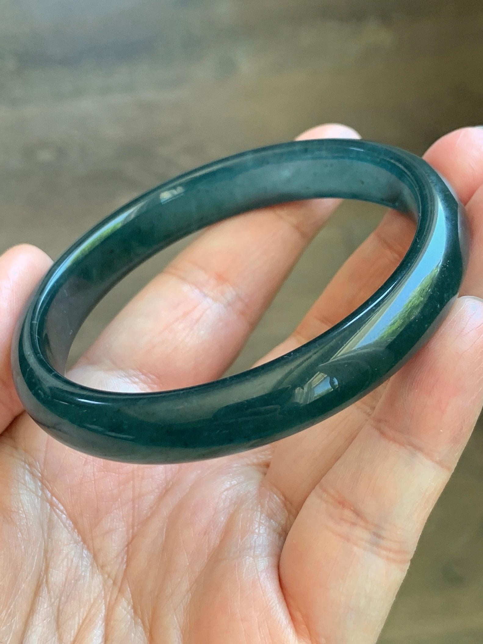 Certified Natural Grade A Guatemalan Icy Translucent Dark Teal Blue Jade Jadeite Wide Bangle 58.52mm 7.23” 38.79g 天然冰危深蓝绿翡翠正圈宽版手镯 1216