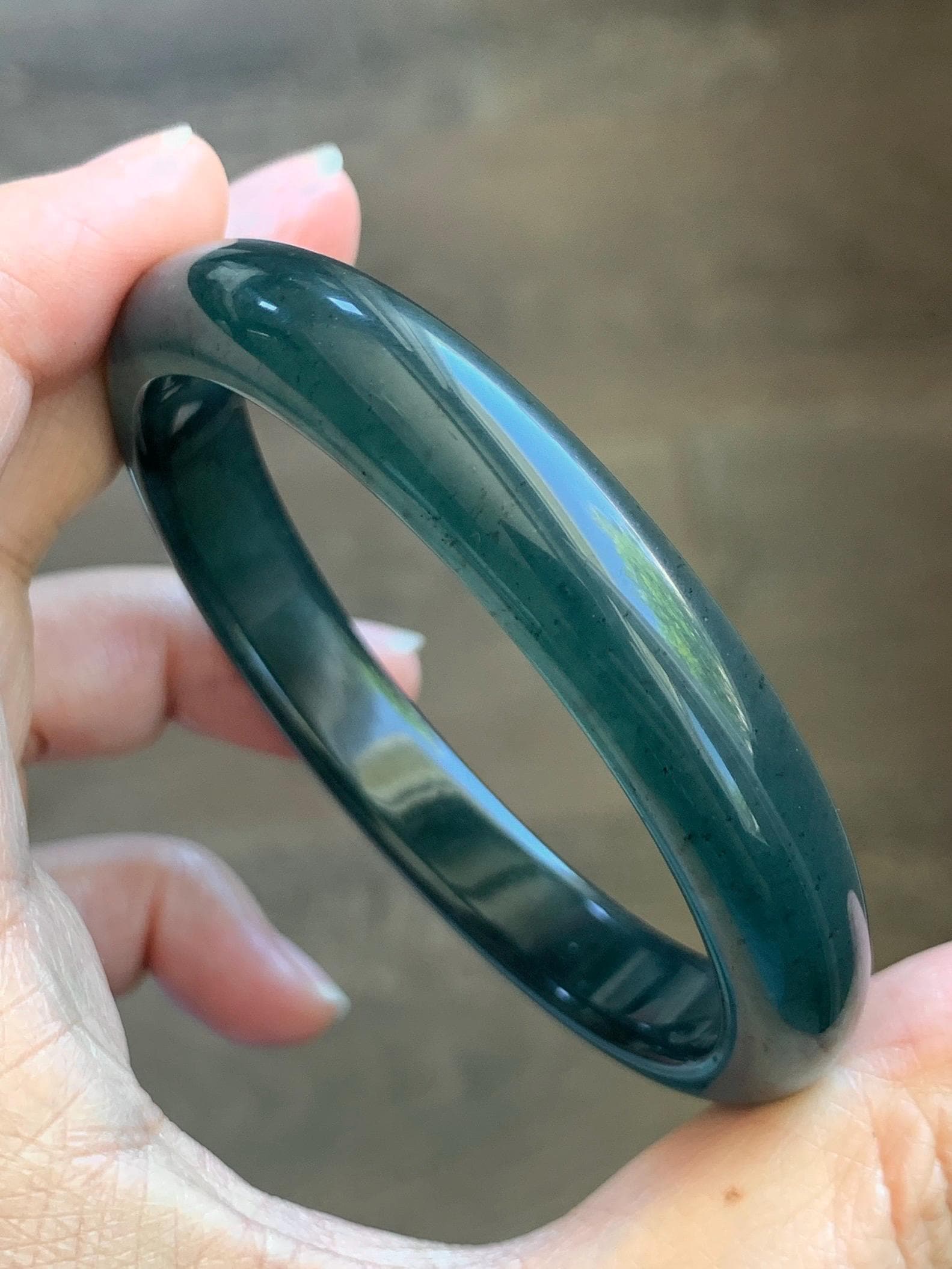 Certified Natural Grade A Guatemalan Icy Translucent Dark Teal Blue Jade Jadeite Wide Bangle 58.52mm 7.23” 38.79g 天然冰危深蓝绿翡翠正圈宽版手镯 1216