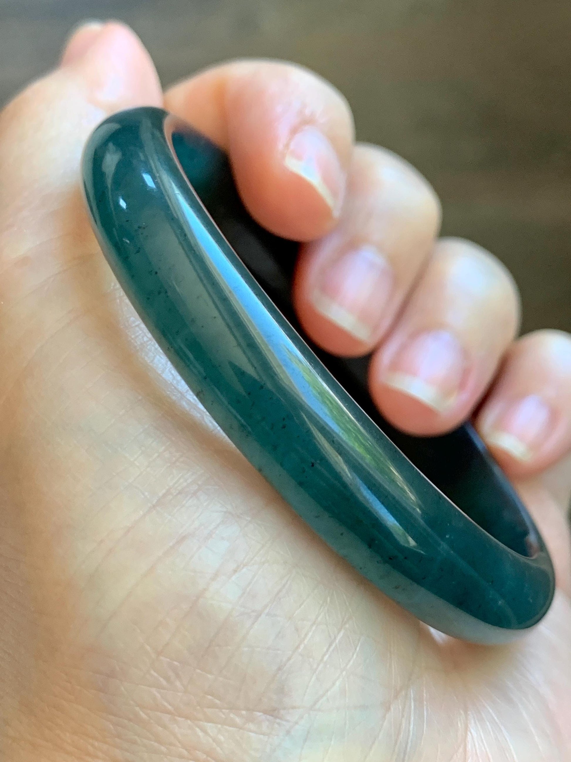 Certified Natural Grade A Guatemalan Icy Translucent Dark Teal Blue Jade Jadeite Wide Bangle 58.52mm 7.23” 38.79g 天然冰危深蓝绿翡翠正圈宽版手镯 1216