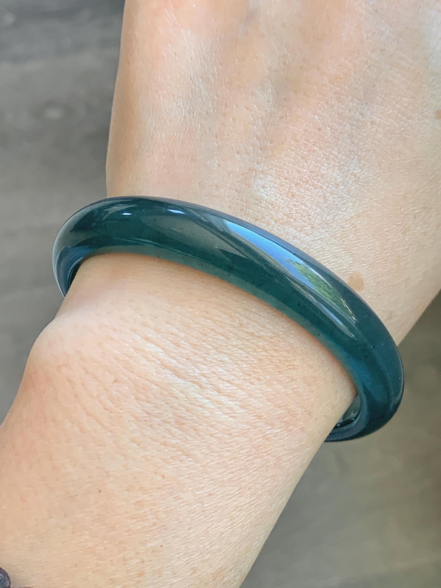 Certified Natural Grade A Guatemalan Icy Translucent Dark Teal Blue Jade Jadeite Wide Bangle 58.52mm 7.23” 38.79g 天然冰危深蓝绿翡翠正圈宽版手镯 1216