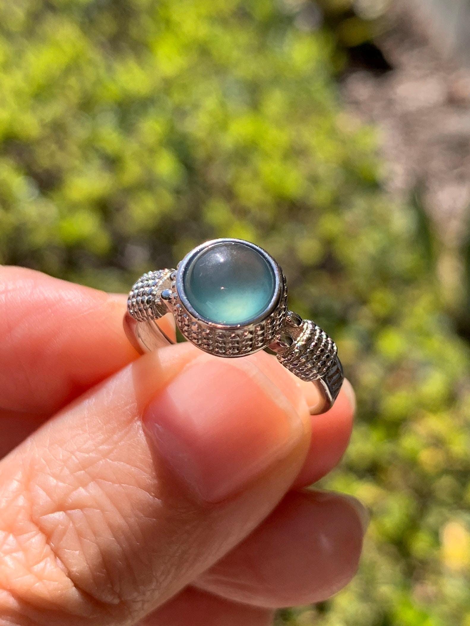 Natural Grade A Guatemalan Icy Highly Translucent Teal Blue Jade Jadeite Ring Sterling Silver Size Adjustable 天然冰危蓝绿翡翠银镶戒指 WLU96