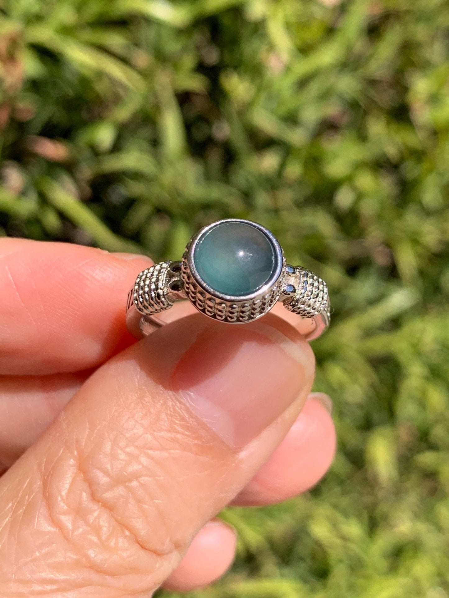Natural Grade A Guatemalan Icy Highly Translucent Teal Blue Jade Jadeite Ring Sterling Silver Size Adjustable 天然冰危蓝绿翡翠银镶戒指 WLU96