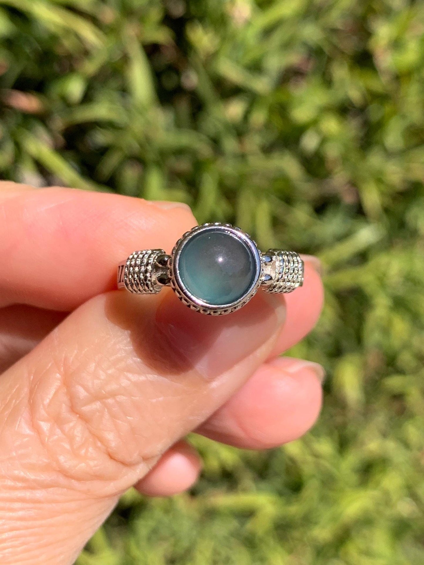 Natural Grade A Guatemalan Icy Highly Translucent Teal Blue Jade Jadeite Ring Sterling Silver Size Adjustable 天然冰危蓝绿翡翠银镶戒指 WLU96