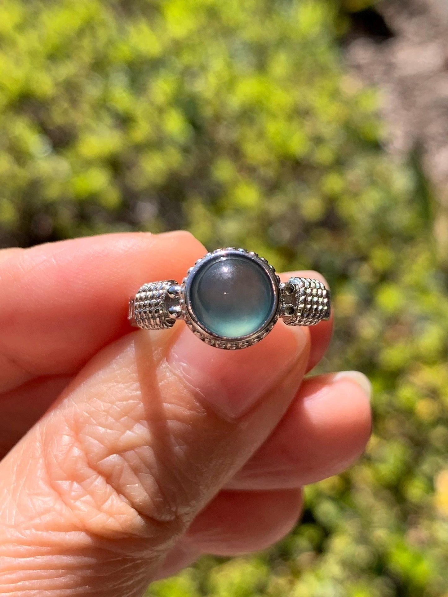 Natural Grade A Guatemalan Icy Highly Translucent Teal Blue Jade Jadeite Ring Sterling Silver Size Adjustable 天然冰危蓝绿翡翠银镶戒指 WLU96