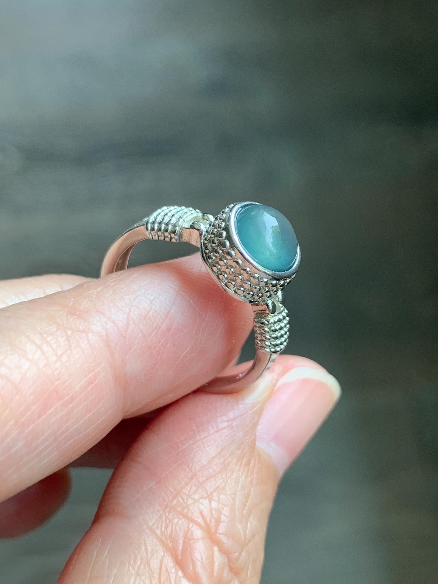 Natural Grade A Guatemalan Icy Highly Translucent Teal Blue Jade Jadeite Ring Sterling Silver Size Adjustable 天然冰危蓝绿翡翠银镶戒指 WLU96