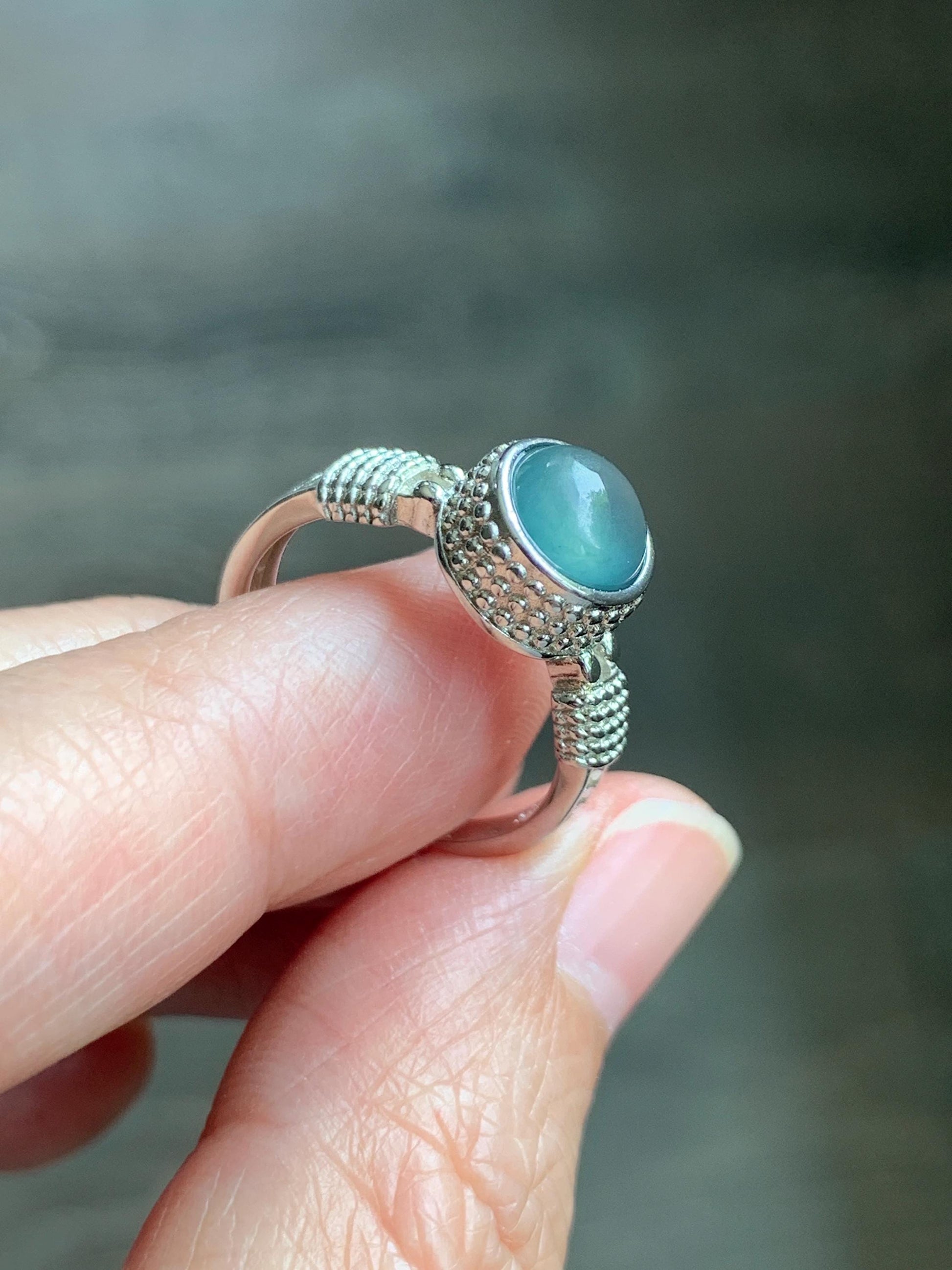 Natural Grade A Guatemalan Icy Highly Translucent Teal Blue Jade Jadeite Ring Sterling Silver Size Adjustable 天然冰危蓝绿翡翠银镶戒指 WLU96