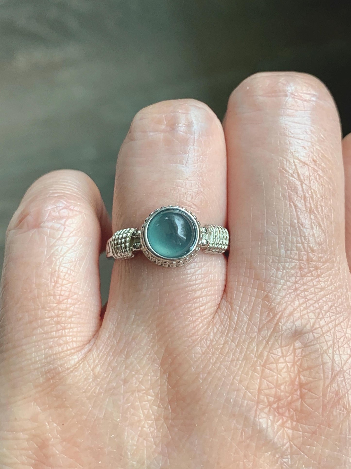 Natural Grade A Guatemalan Icy Highly Translucent Teal Blue Jade Jadeite Ring Sterling Silver Size Adjustable 天然冰危蓝绿翡翠银镶戒指 WLU96