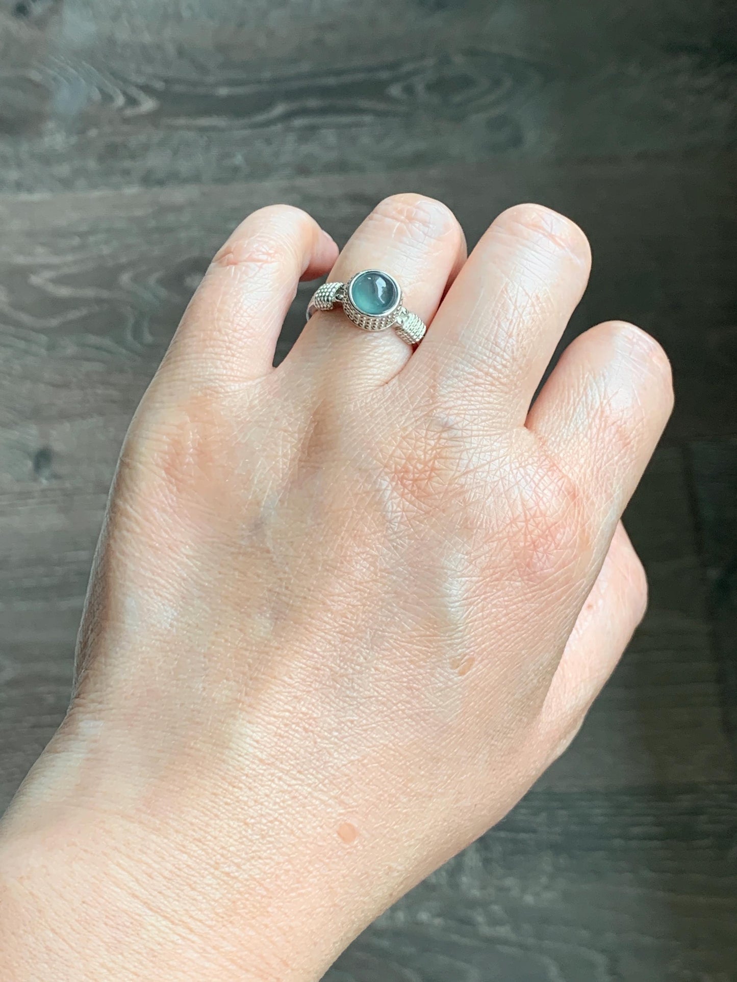 Natural Grade A Guatemalan Icy Highly Translucent Teal Blue Jade Jadeite Ring Sterling Silver Size Adjustable 天然冰危蓝绿翡翠银镶戒指 WLU96