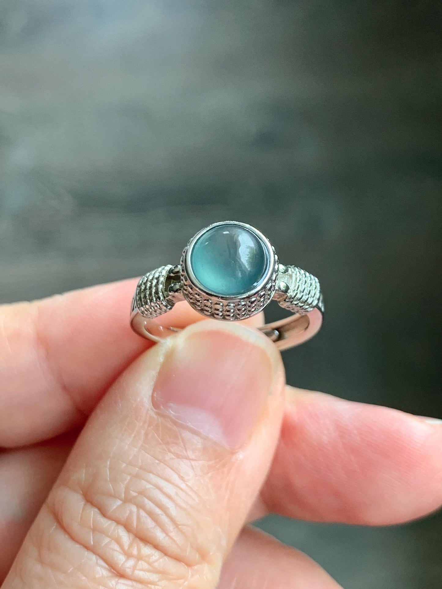Natural Grade A Guatemalan Icy Highly Translucent Teal Blue Jade Jadeite Ring Sterling Silver Size Adjustable 天然冰危蓝绿翡翠银镶戒指 WLU96
