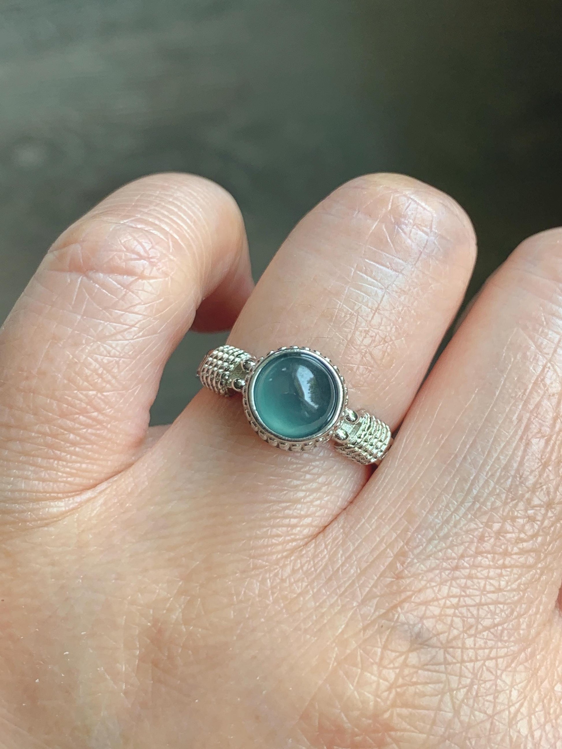 Natural Grade A Guatemalan Icy Highly Translucent Teal Blue Jade Jadeite Ring Sterling Silver Size Adjustable 天然冰危蓝绿翡翠银镶戒指 WLU96