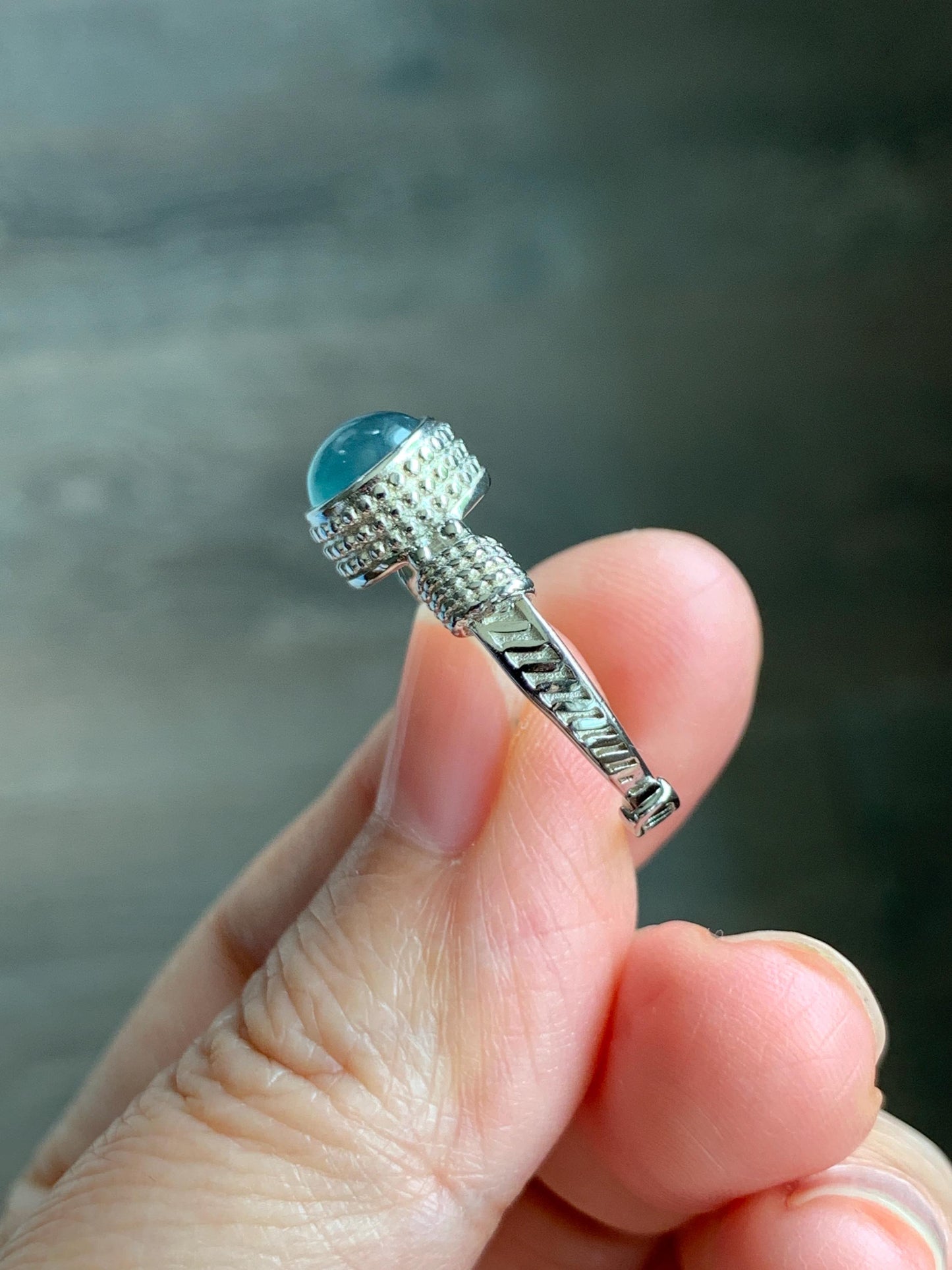 Natural Grade A Guatemalan Icy Highly Translucent Teal Blue Jade Jadeite Ring Sterling Silver Size Adjustable 天然冰危蓝绿翡翠银镶戒指 WLU96