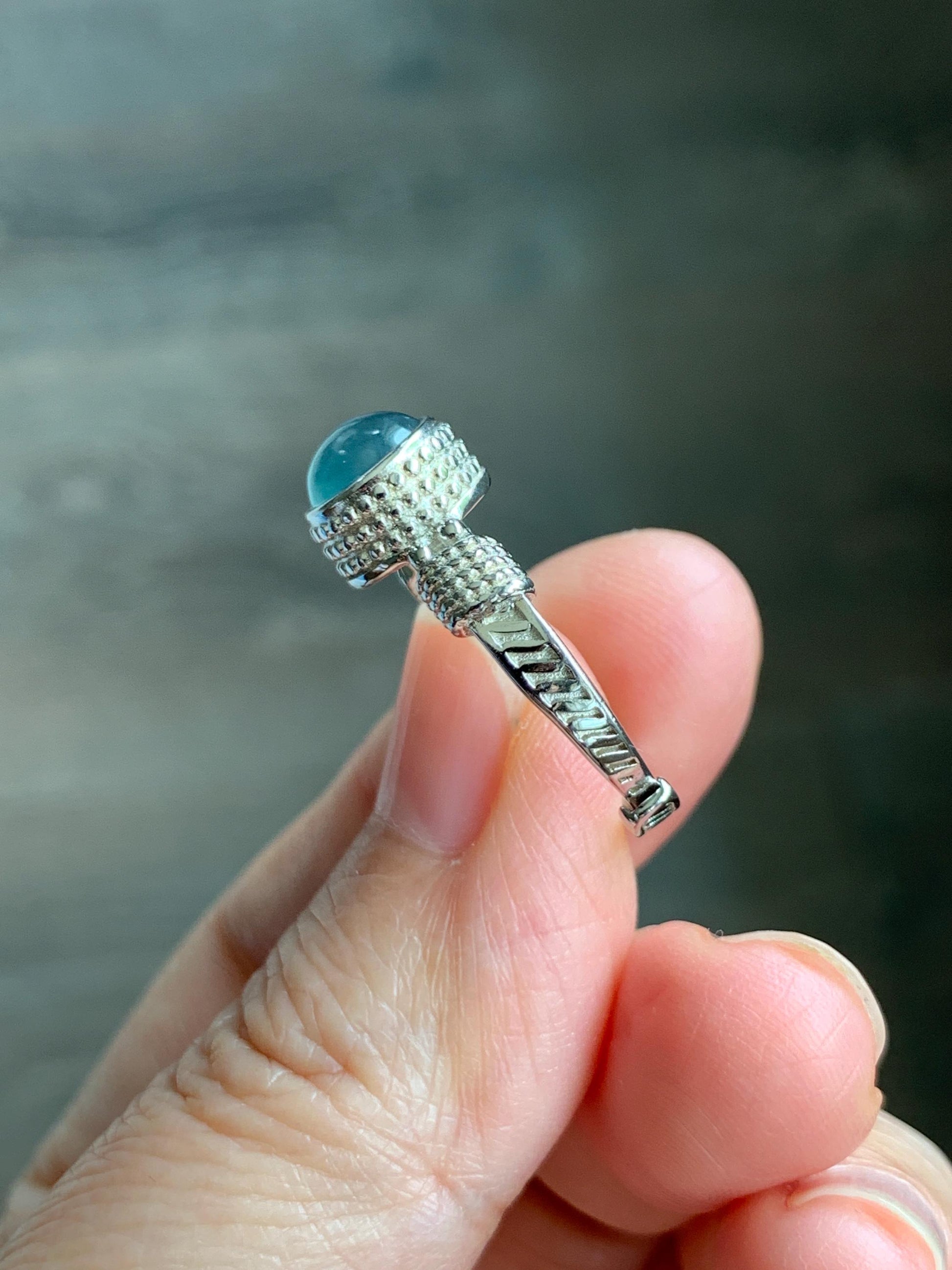 Natural Grade A Guatemalan Icy Highly Translucent Teal Blue Jade Jadeite Ring Sterling Silver Size Adjustable 天然冰危蓝绿翡翠银镶戒指 WLU96
