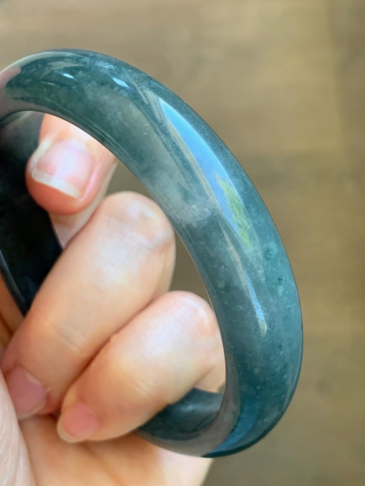 Certified Natural Grade A Guatemalan Icy Translucent Dark Teal Blue Jade Jadeite Wide Bangle 57.93mm 7.16” 53.51g 天然冰危深蓝绿翡翠正圈宽版手镯 1199