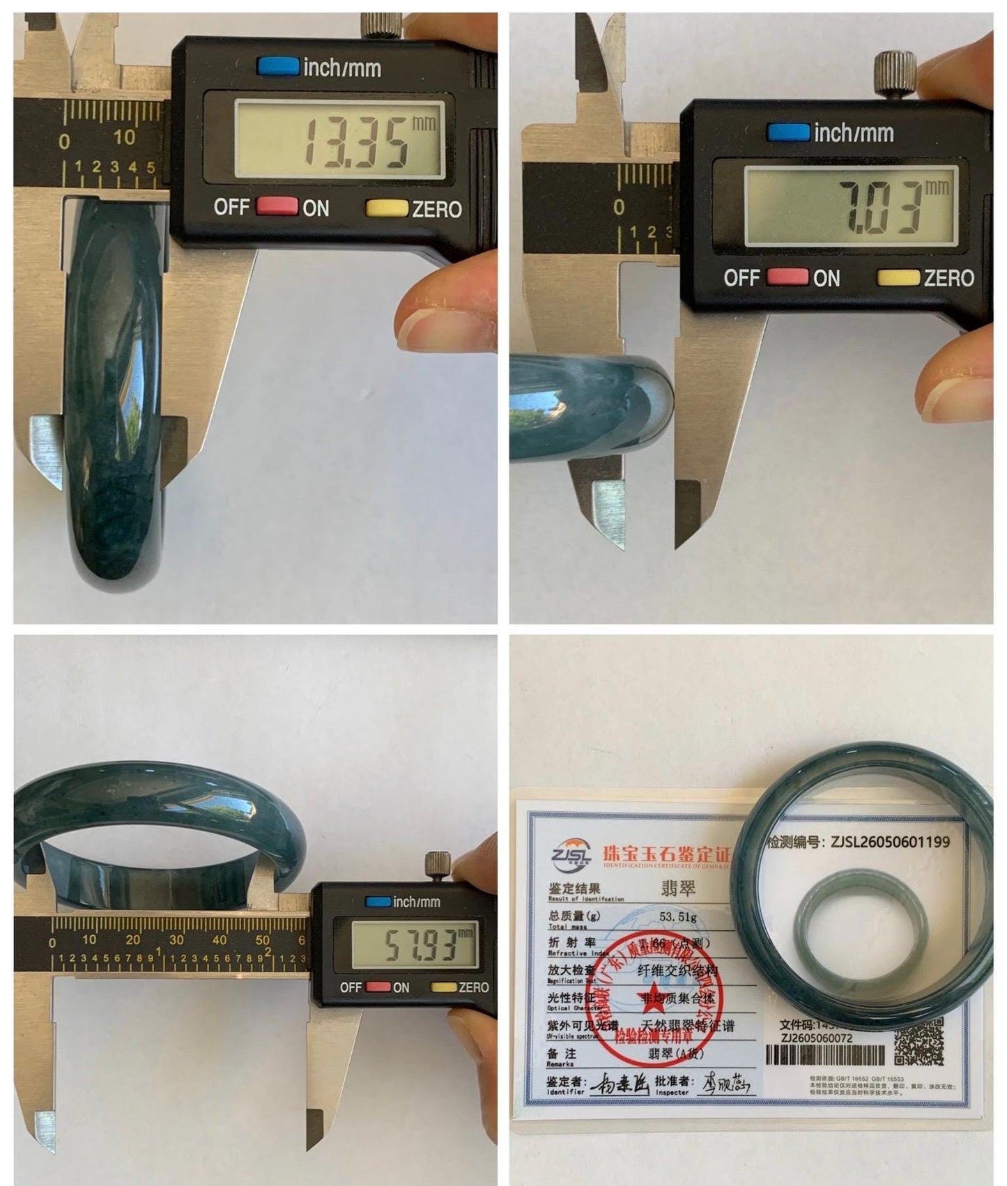 Certified Natural Grade A Guatemalan Icy Translucent Dark Teal Blue Jade Jadeite Wide Bangle 57.93mm 7.16” 53.51g 天然冰危深蓝绿翡翠正圈宽版手镯 1199
