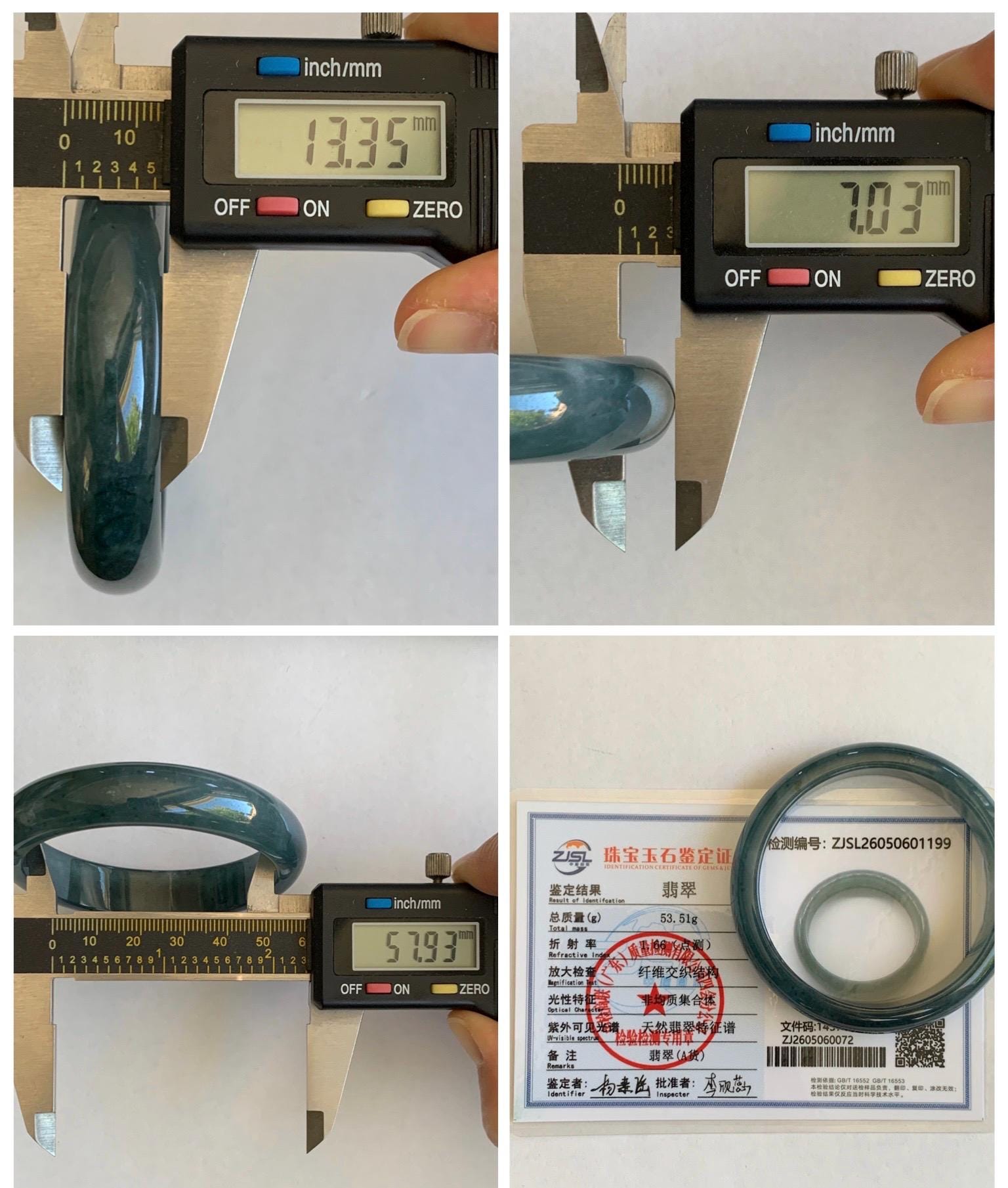 Certified Natural Grade A Guatemalan Icy Translucent Dark Teal Blue Jade Jadeite Wide Bangle 57.93mm 7.16” 53.51g 天然冰危深蓝绿翡翠正圈宽版手镯 1199