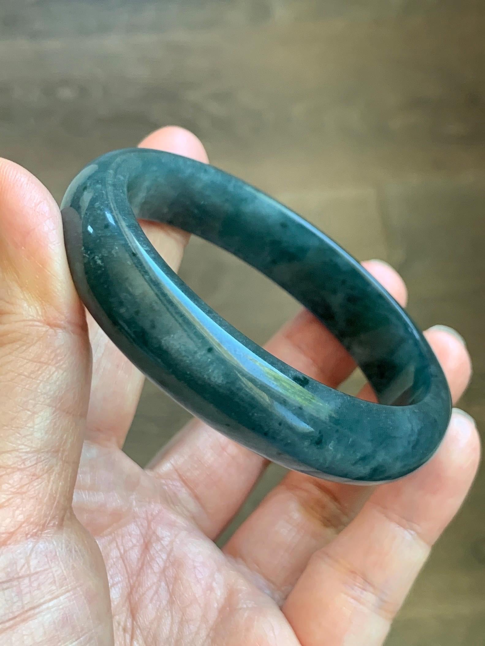 Certified Natural Grade A Guatemalan Icy Translucent Dark Teal Blue Jade Jadeite Wide Bangle 57.93mm 7.16” 53.51g 天然冰危深蓝绿翡翠正圈宽版手镯 1199