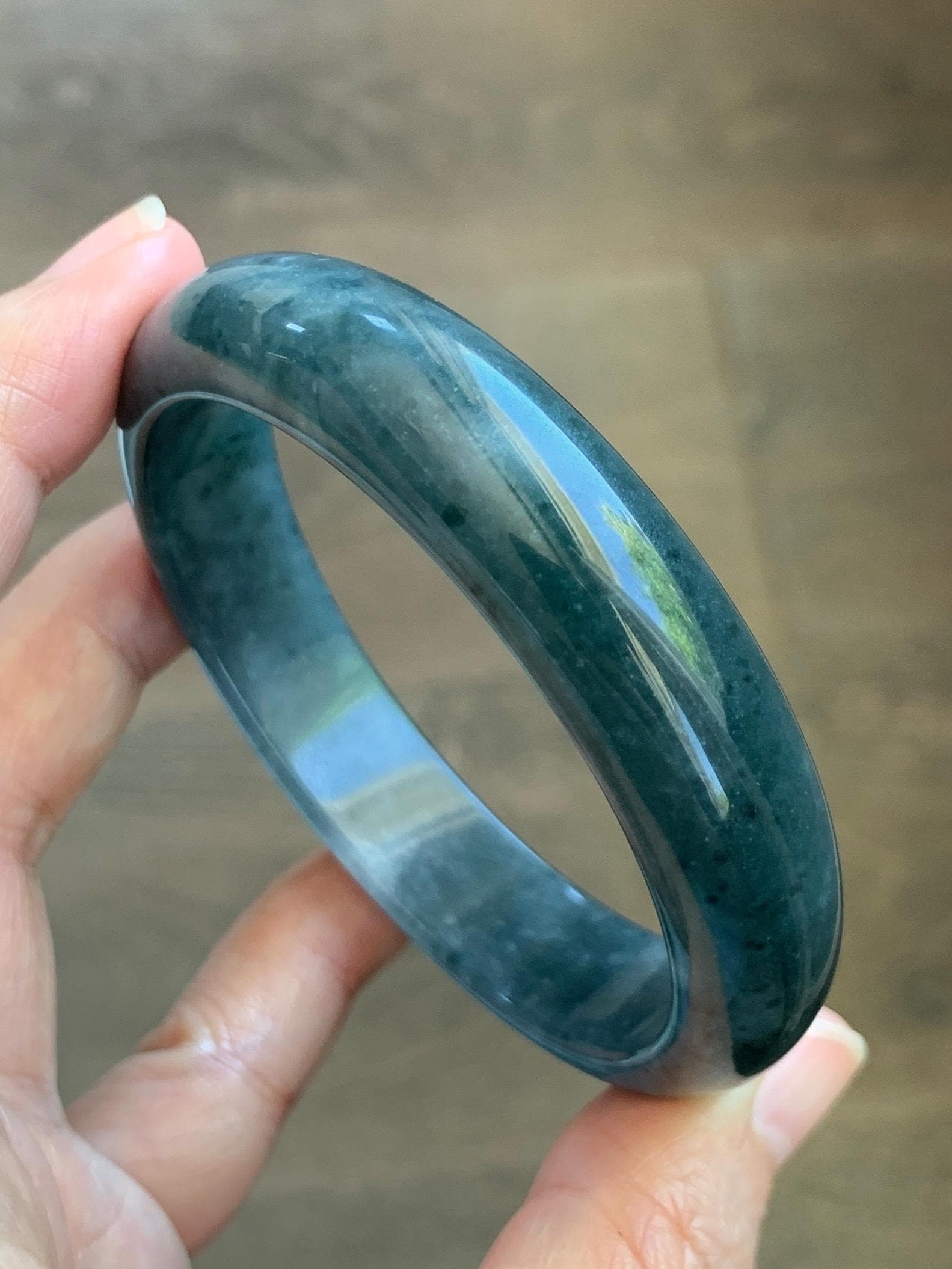 Certified Natural Grade A Guatemalan Icy Translucent Dark Teal Blue Jade Jadeite Wide Bangle 57.93mm 7.16” 53.51g 天然冰危深蓝绿翡翠正圈宽版手镯 1199