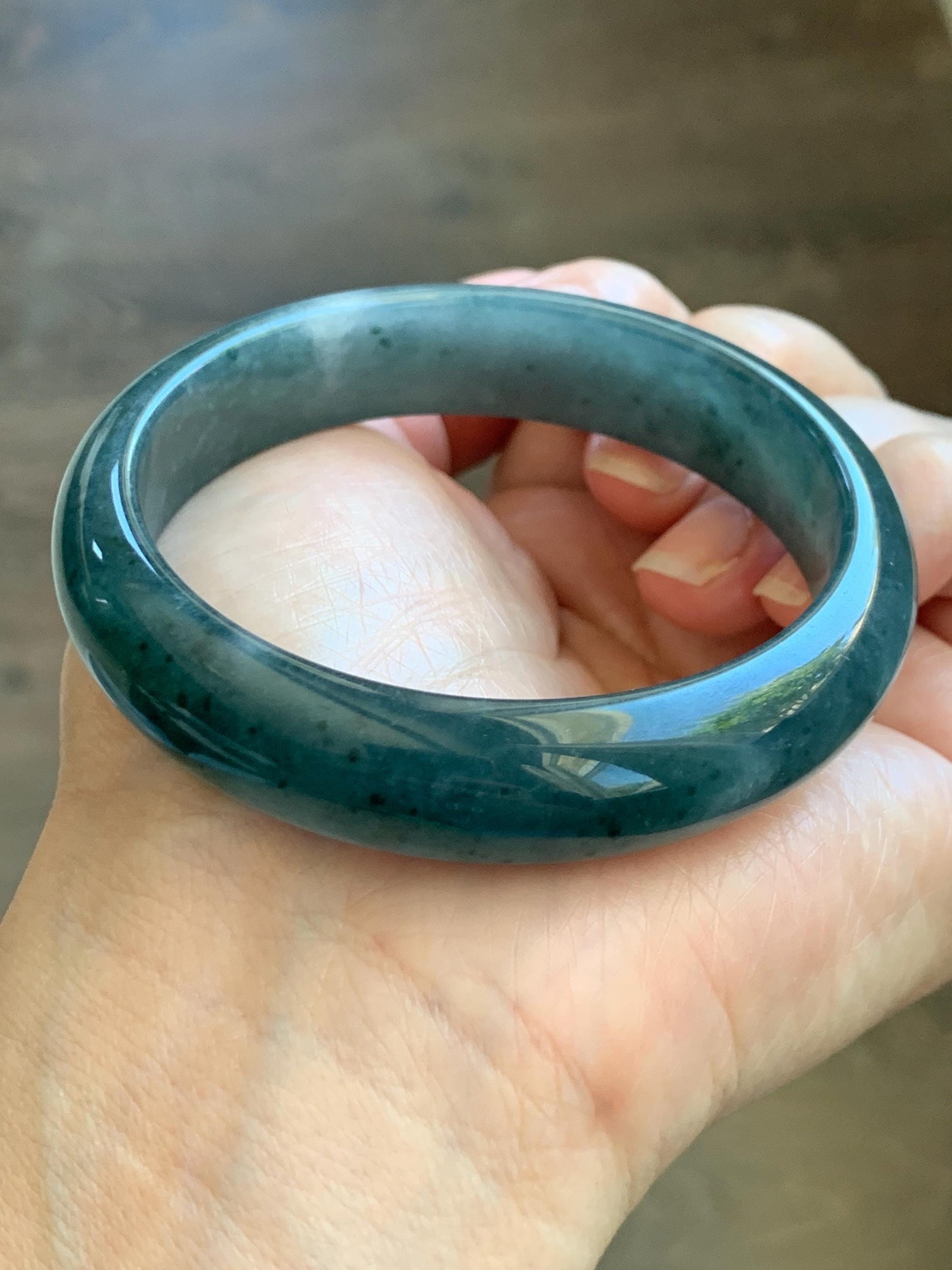 Certified Natural Grade A Guatemalan Icy Translucent Dark Teal Blue Jade Jadeite Wide Bangle 57.93mm 7.16” 53.51g 天然冰危深蓝绿翡翠正圈宽版手镯 1199