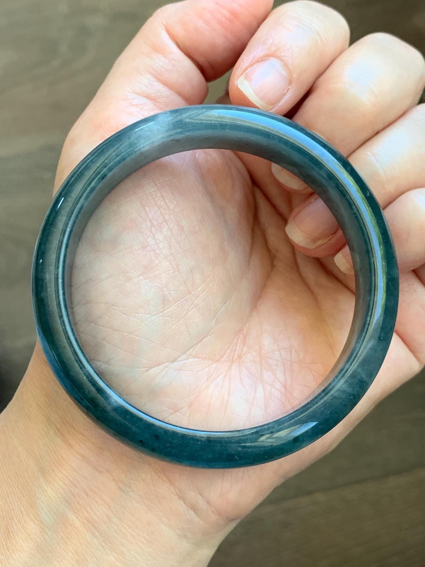 Certified Natural Grade A Guatemalan Icy Translucent Dark Teal Blue Jade Jadeite Wide Bangle 57.93mm 7.16” 53.51g 天然冰危深蓝绿翡翠正圈宽版手镯 1199