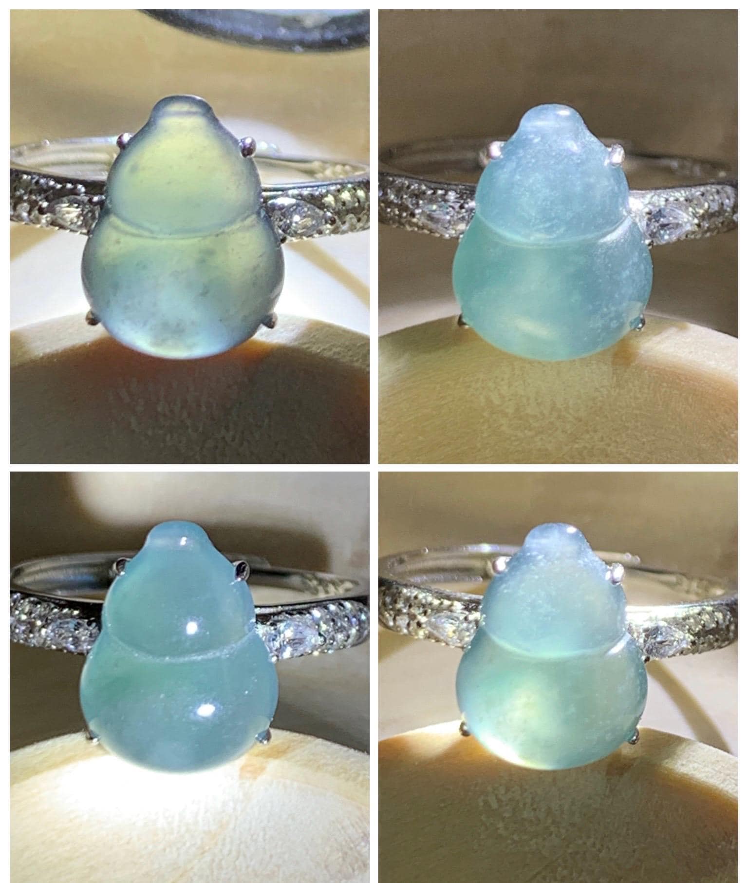 Natural Grade A Guatemalan Icy Translucent Dusty Teal Blue Jade Jadeite Gourd Hulu Ring Sterling Silver Size Adjustable 天然冰危蓝翡翠葫芦戒指 WXG96