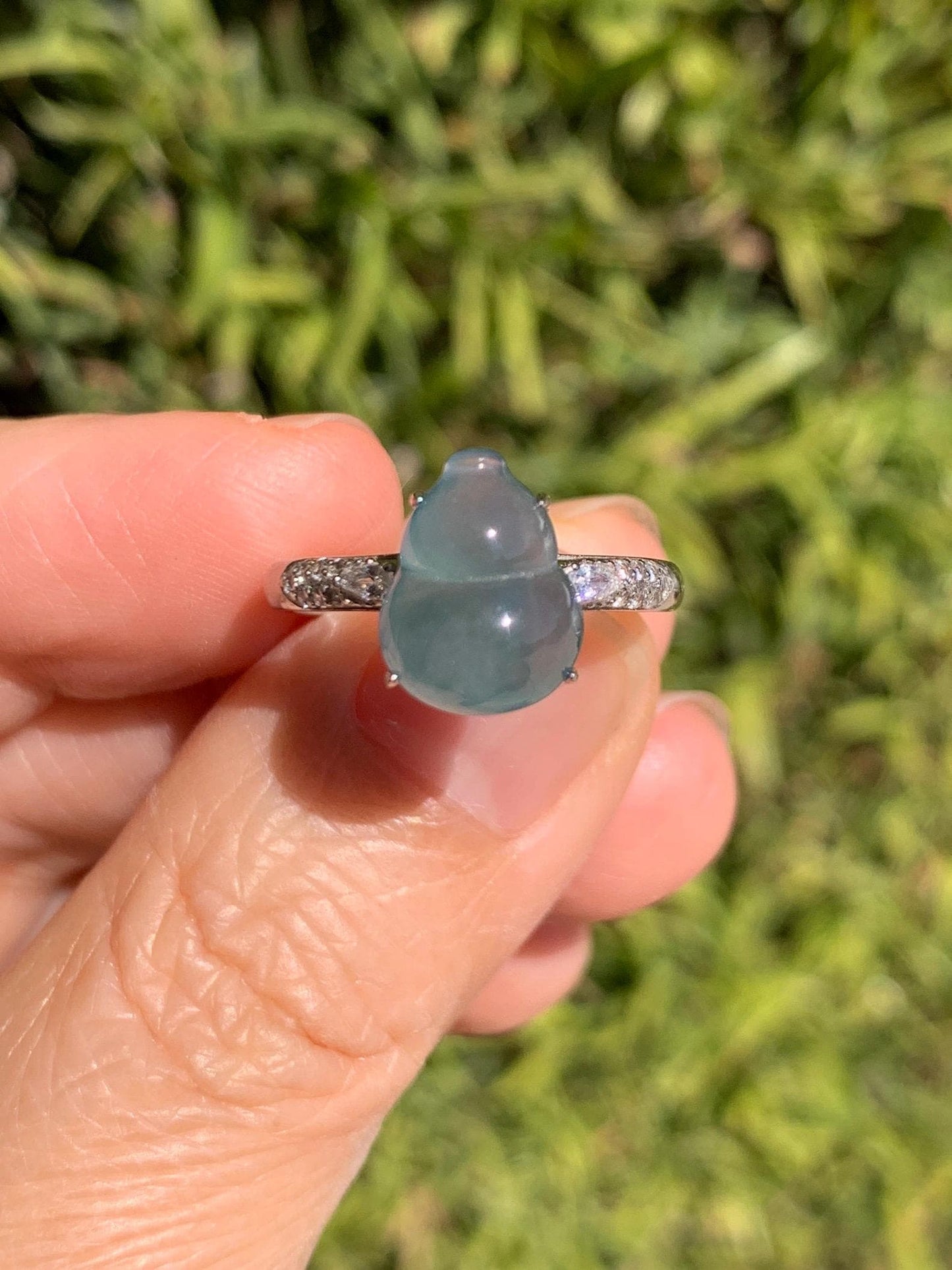 Natural Grade A Guatemalan Icy Translucent Dusty Teal Blue Jade Jadeite Gourd Hulu Ring Sterling Silver Size Adjustable 天然冰危蓝翡翠葫芦戒指 WXG96