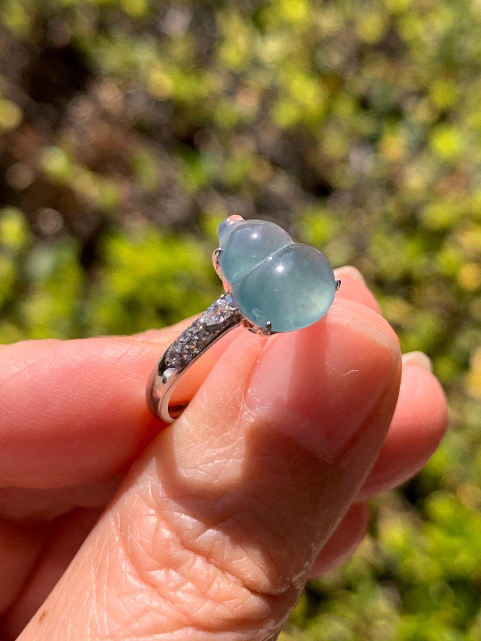 Natural Grade A Guatemalan Icy Translucent Dusty Teal Blue Jade Jadeite Gourd Hulu Ring Sterling Silver Size Adjustable 天然冰危蓝翡翠葫芦戒指 WXG96