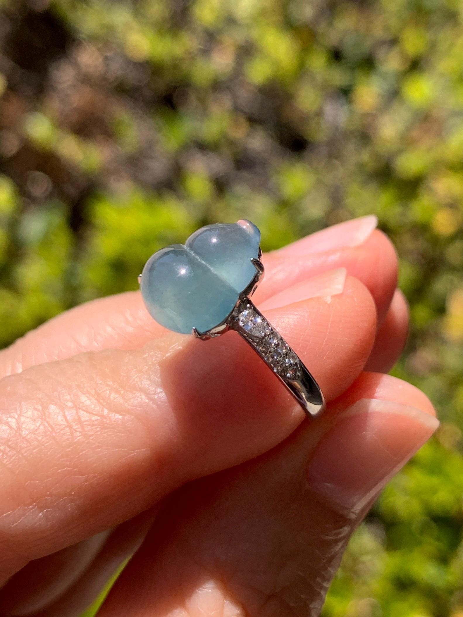 Natural Grade A Guatemalan Icy Translucent Dusty Teal Blue Jade Jadeite Gourd Hulu Ring Sterling Silver Size Adjustable 天然冰危蓝翡翠葫芦戒指 WXG96