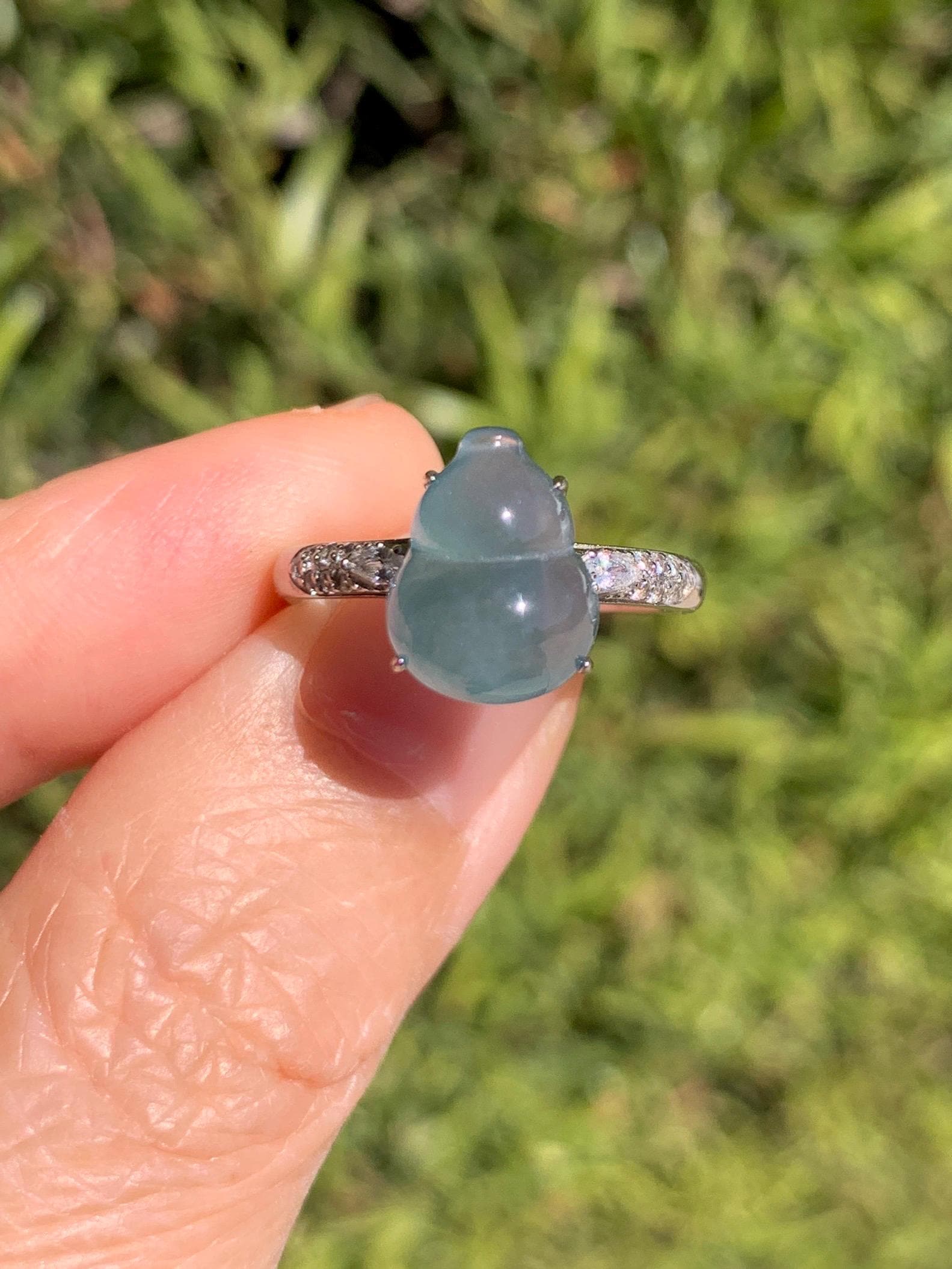 Natural Grade A Guatemalan Icy Translucent Dusty Teal Blue Jade Jadeite Gourd Hulu Ring Sterling Silver Size Adjustable 天然冰危蓝翡翠葫芦戒指 WXG96