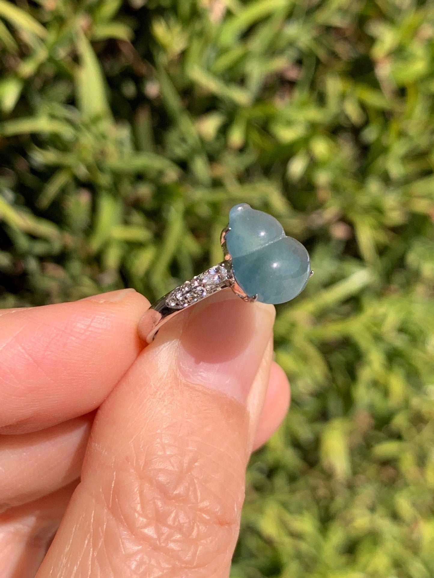 Natural Grade A Guatemalan Icy Translucent Dusty Teal Blue Jade Jadeite Gourd Hulu Ring Sterling Silver Size Adjustable 天然冰危蓝翡翠葫芦戒指 WXG96