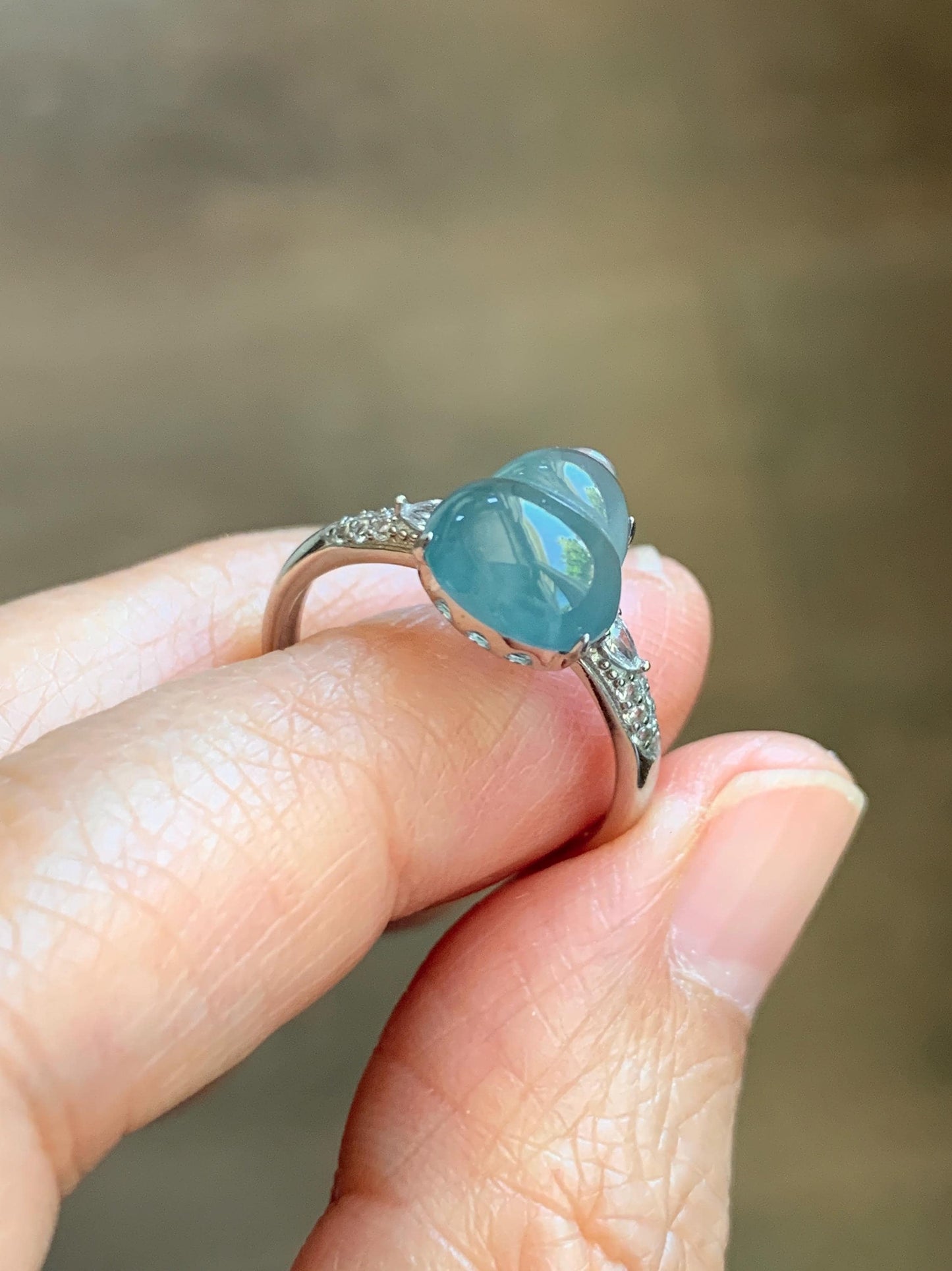 Natural Grade A Guatemalan Icy Translucent Dusty Teal Blue Jade Jadeite Gourd Hulu Ring Sterling Silver Size Adjustable 天然冰危蓝翡翠葫芦戒指 WXG96