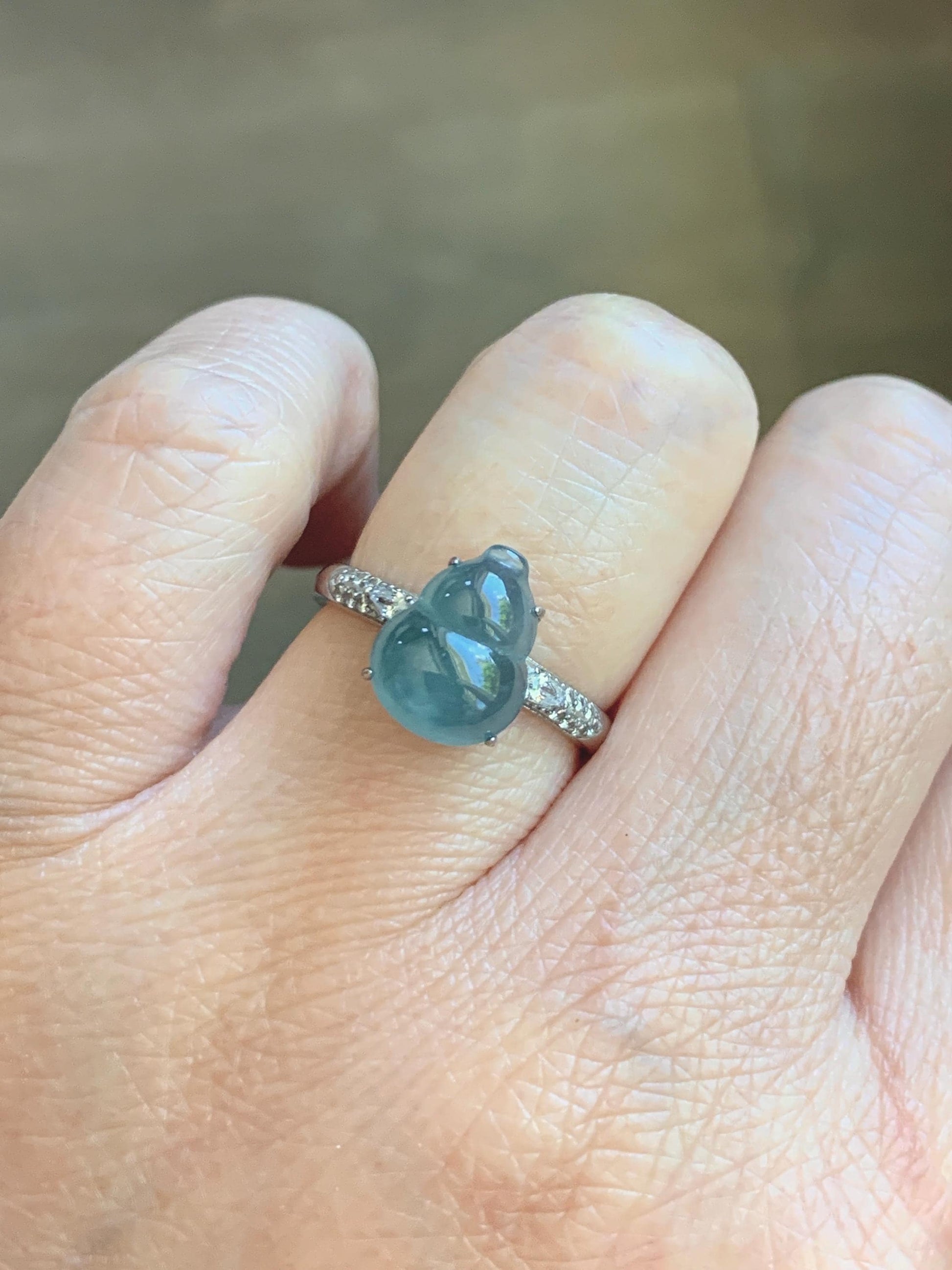 Natural Grade A Guatemalan Icy Translucent Dusty Teal Blue Jade Jadeite Gourd Hulu Ring Sterling Silver Size Adjustable 天然冰危蓝翡翠葫芦戒指 WXG96