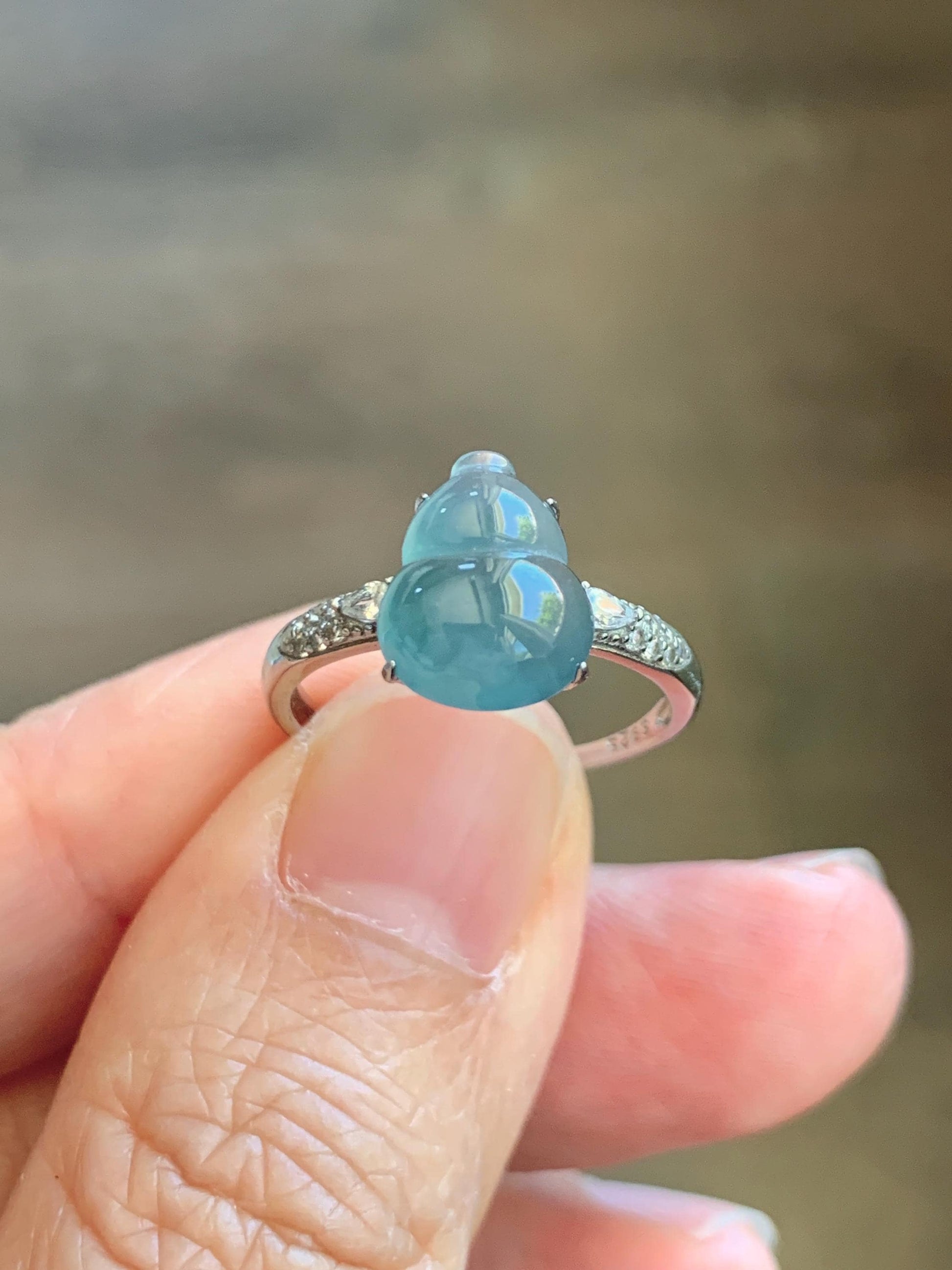 Natural Grade A Guatemalan Icy Translucent Dusty Teal Blue Jade Jadeite Gourd Hulu Ring Sterling Silver Size Adjustable 天然冰危蓝翡翠葫芦戒指 WXG96