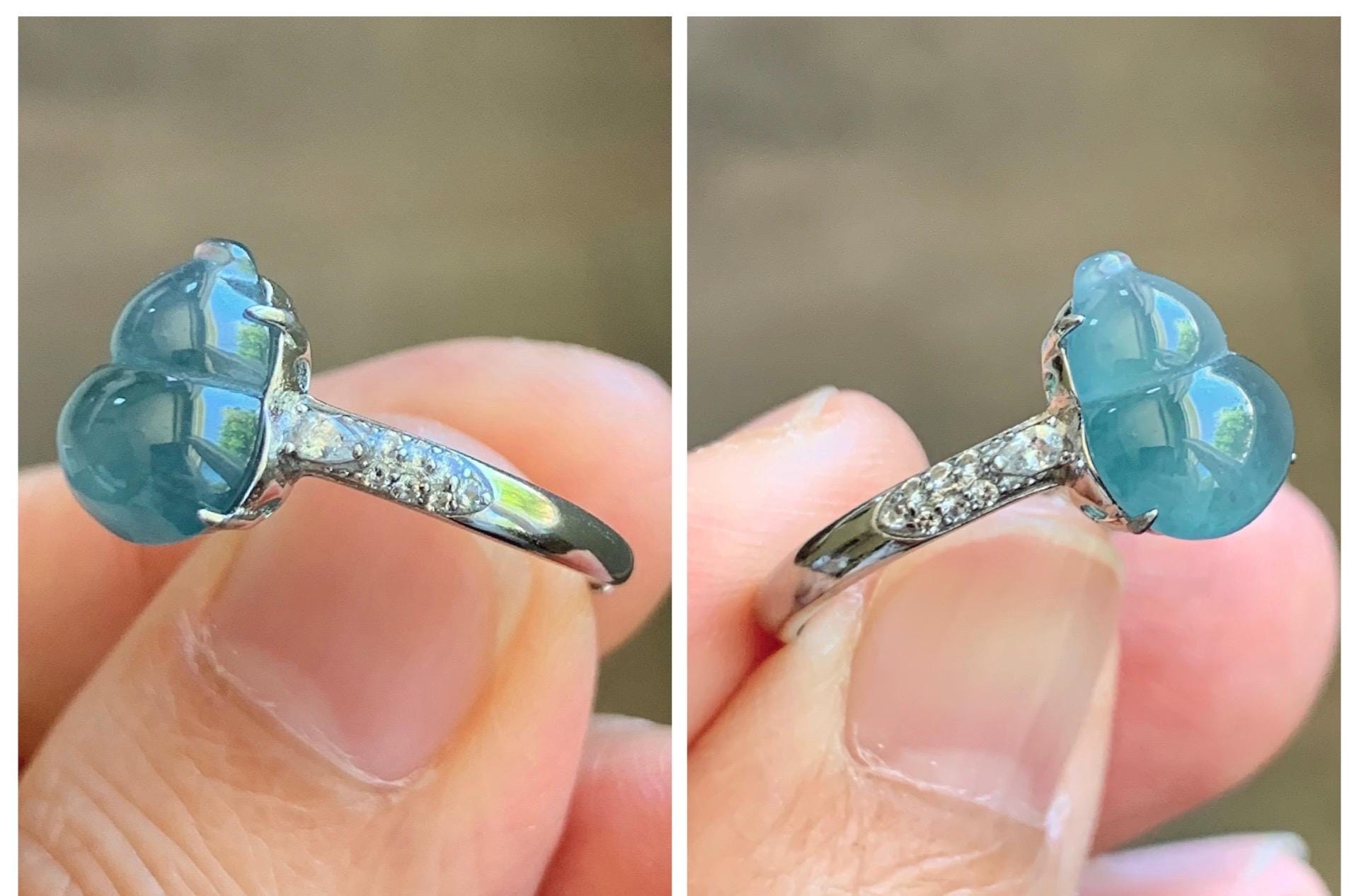 Natural Grade A Guatemalan Icy Translucent Dusty Teal Blue Jade Jadeite Gourd Hulu Ring Sterling Silver Size Adjustable 天然冰危蓝翡翠葫芦戒指 WXG96