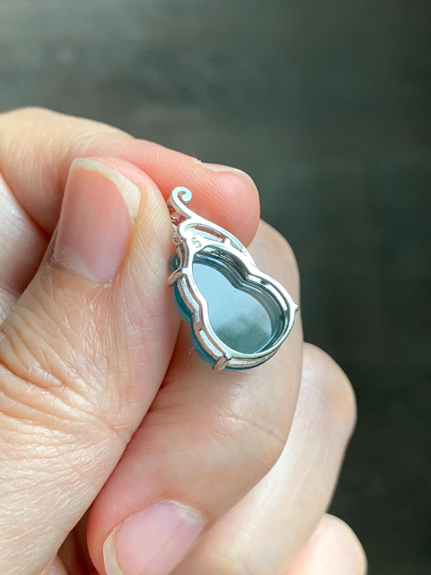 Natural Grade A Guatemalan Icy Translucent Dark Dusty Teal Blue Jade Jadeite Gourd Hulu Pendant Sterling Silver 天然冰危暗蓝绿翡翠葫芦吊坠 WHL240D