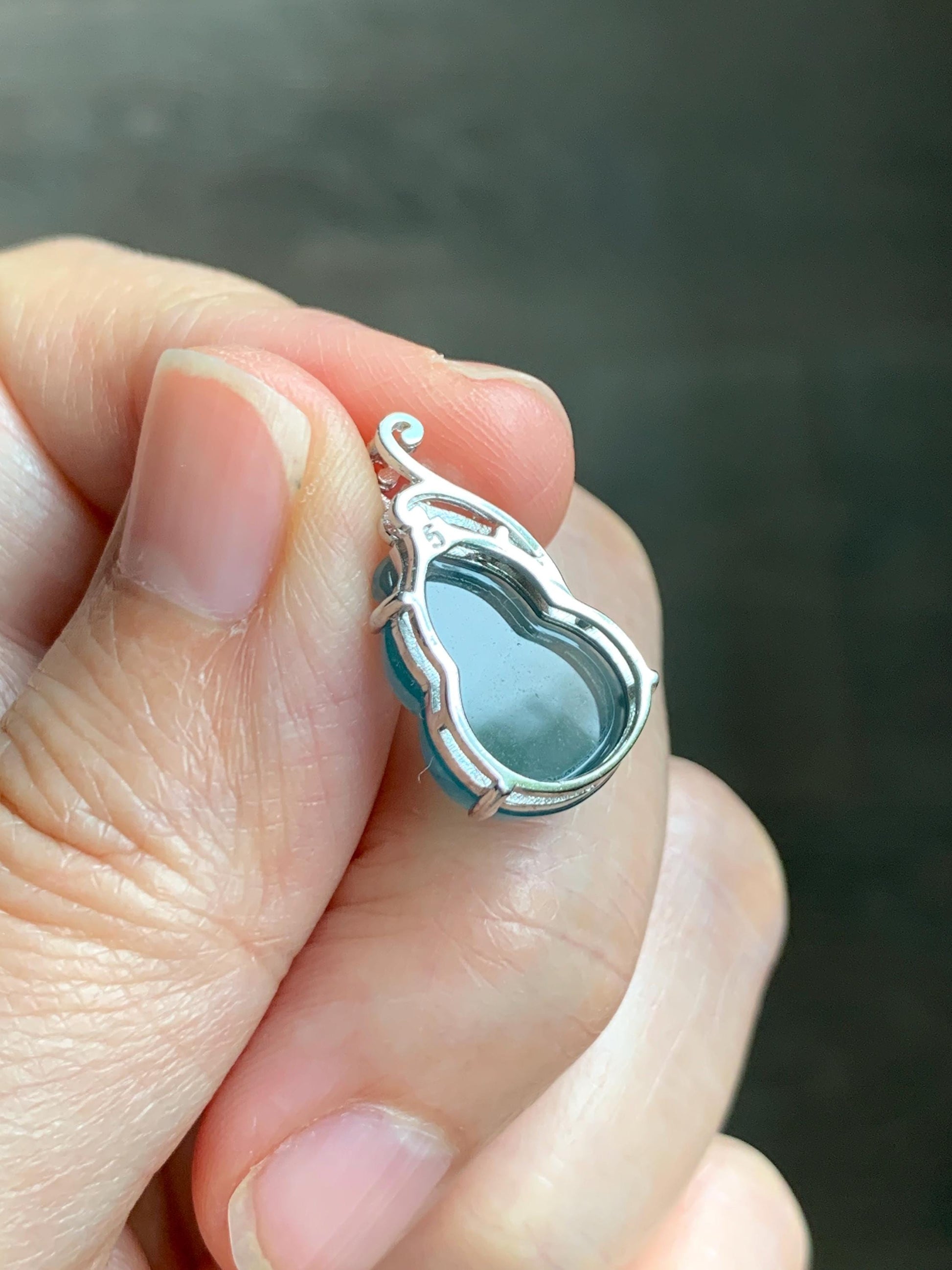 Natural Grade A Guatemalan Icy Translucent Dark Dusty Teal Blue Jade Jadeite Gourd Hulu Pendant Sterling Silver 天然冰危暗蓝绿翡翠葫芦吊坠 WHL240D